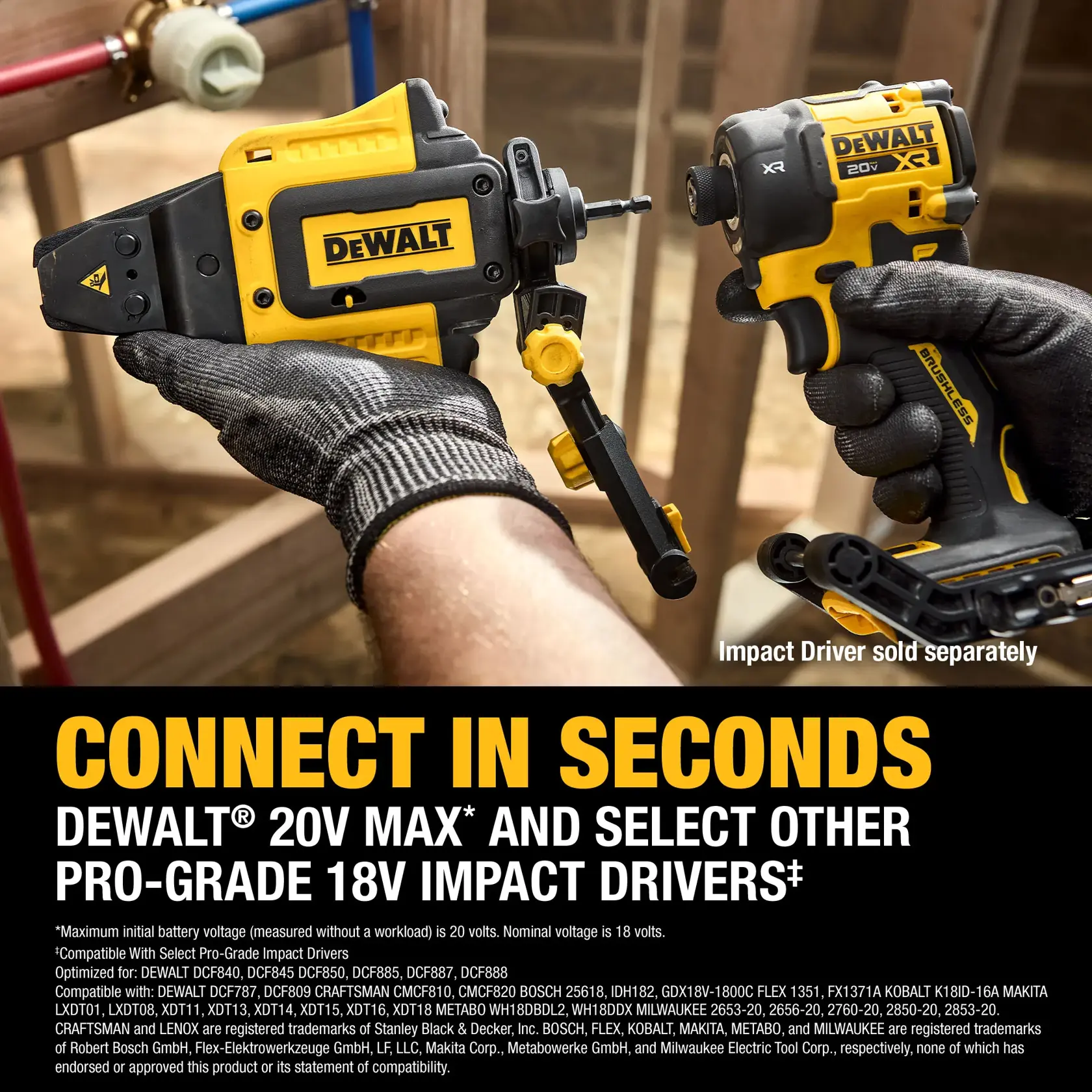 Two gloved hands hold DEWALT power tools, demonstrating a connection between a DEWALT attachment and a DEWALT 20V MAX XR impact driver. The background shows plumbing pipes and wooden framing, highlighting a construction setting. Text at the bottom reads 'CONNECT IN SECONDS DEWALT 20V MAX AND SELECT OTHER PRO-GRADE 18V IMPACT DRIVERS.'