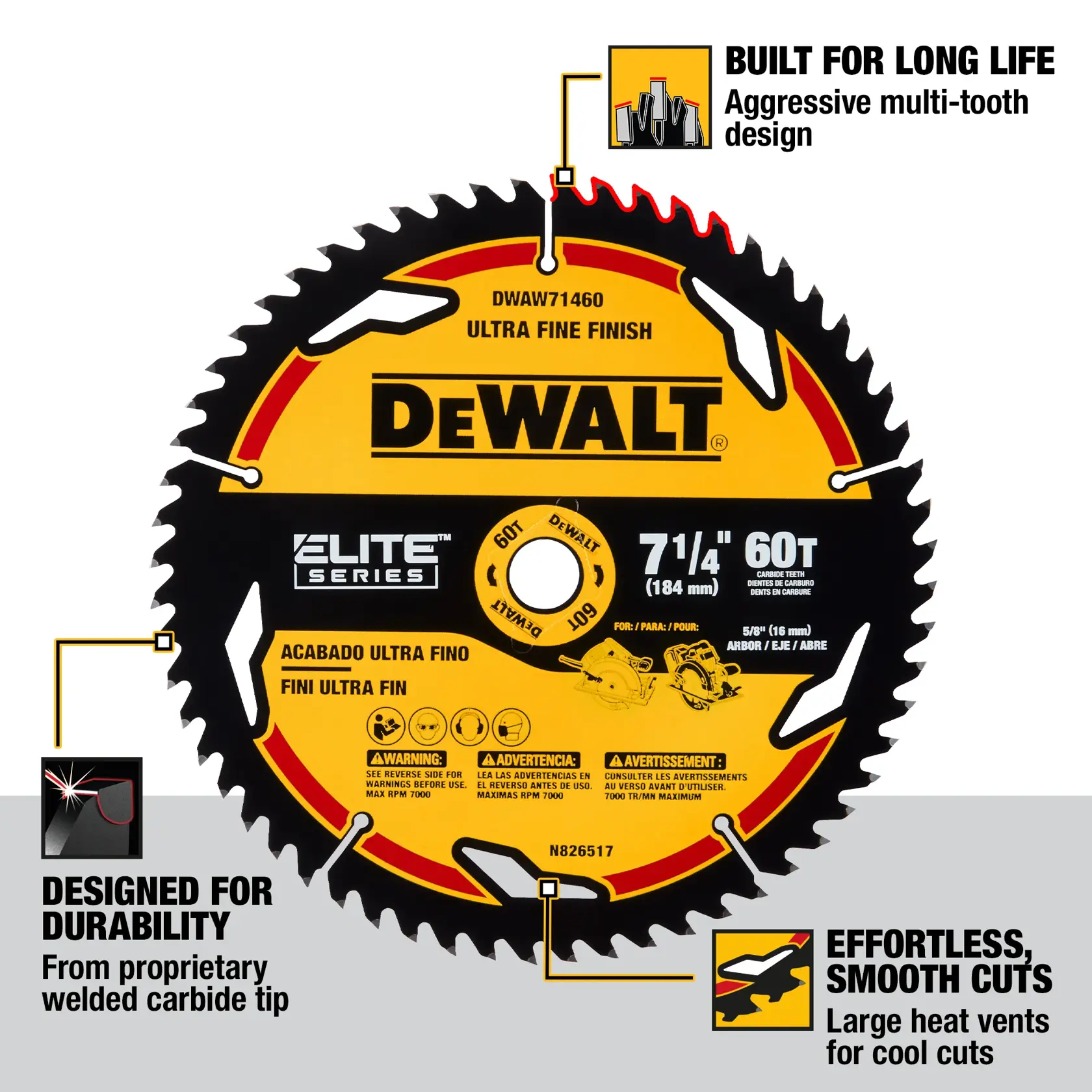 DEWALT® ELITE SERIES 7-1/4-in. (178mm) 60 Tooth Circular Saw Blade