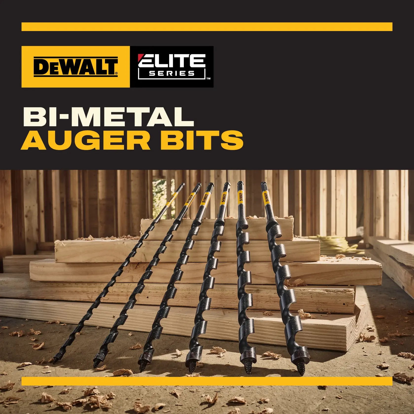 Image showing DEWALT Elite Series bi-metal auger bits displayed in a workshop environment with several auger bits arranged on wooden planks.