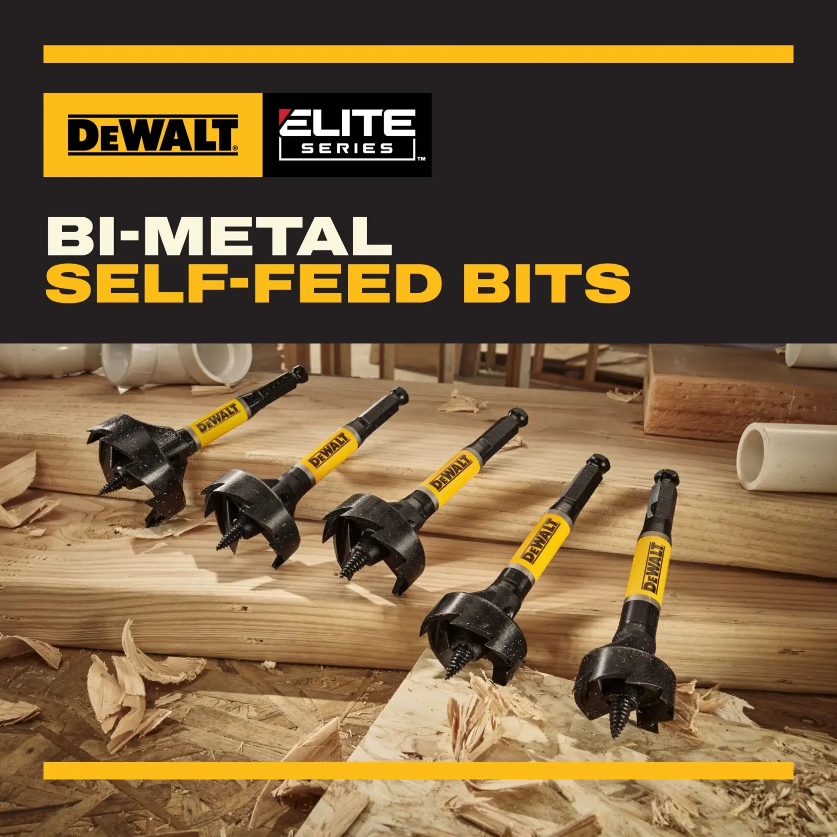 Five DEWALT Elite Series bi-metal self-feed bits are displayed on a wooden surface, surrounded by wood shavings and cut wood, highlighting their use for drilling. The image features DEWALT branding and product name in bold text.