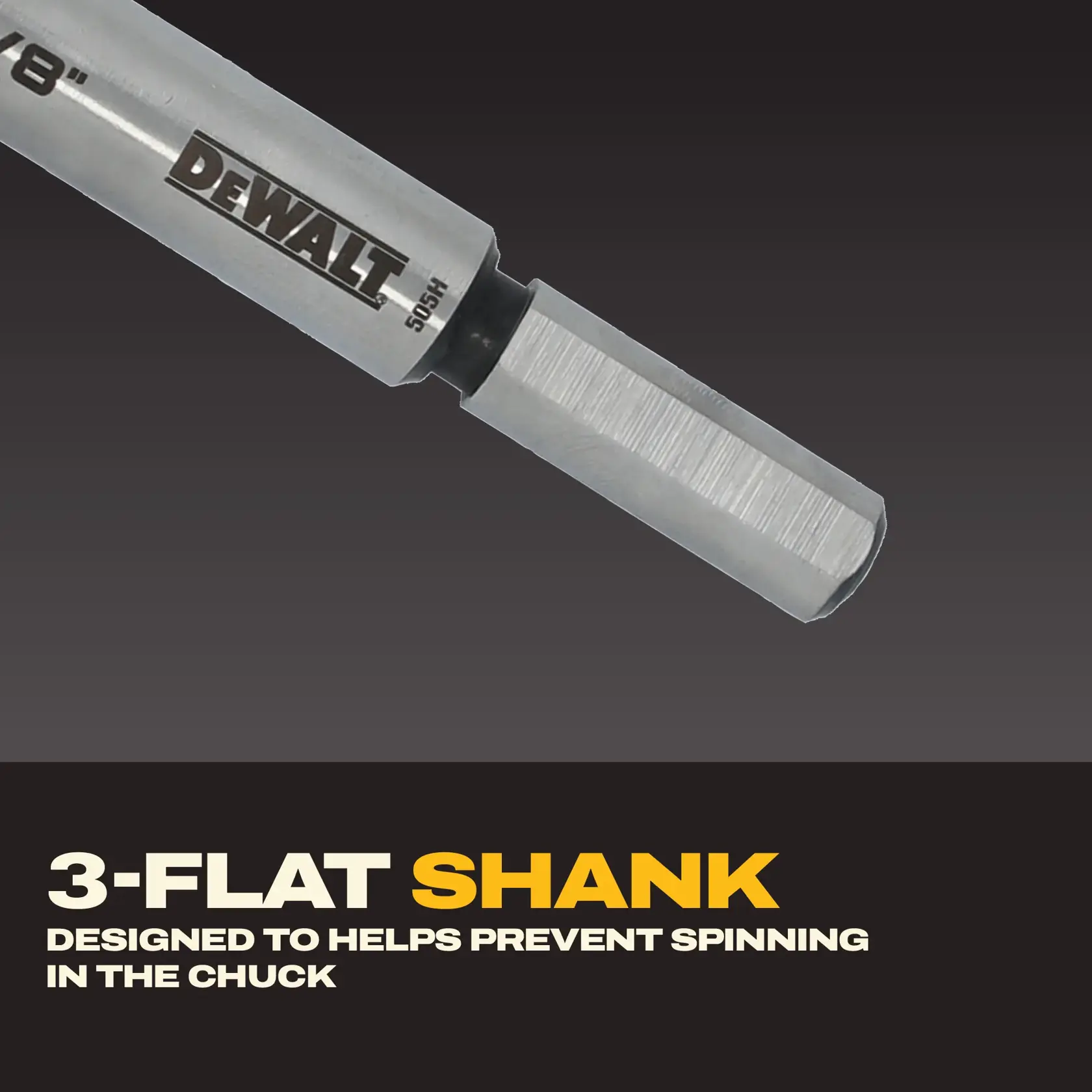 Close-up image of a DEWALT drill bit featuring a 3-flat shank design, shown against a dark gradient background. Text highlights '3-flat shank' and states it is designed to help prevent spinning in the chuck.