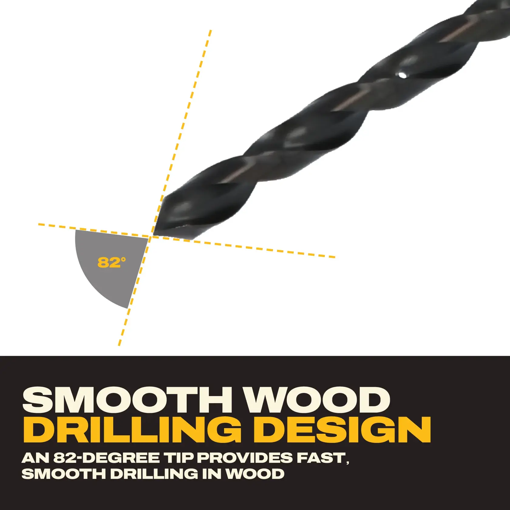 A DEWALT drill bit is shown with an 82-degree angle highlighted by dashed yellow lines. The text promotes the smooth wood drilling design, stating that the 82-degree tip offers fast, smooth drilling in wood.