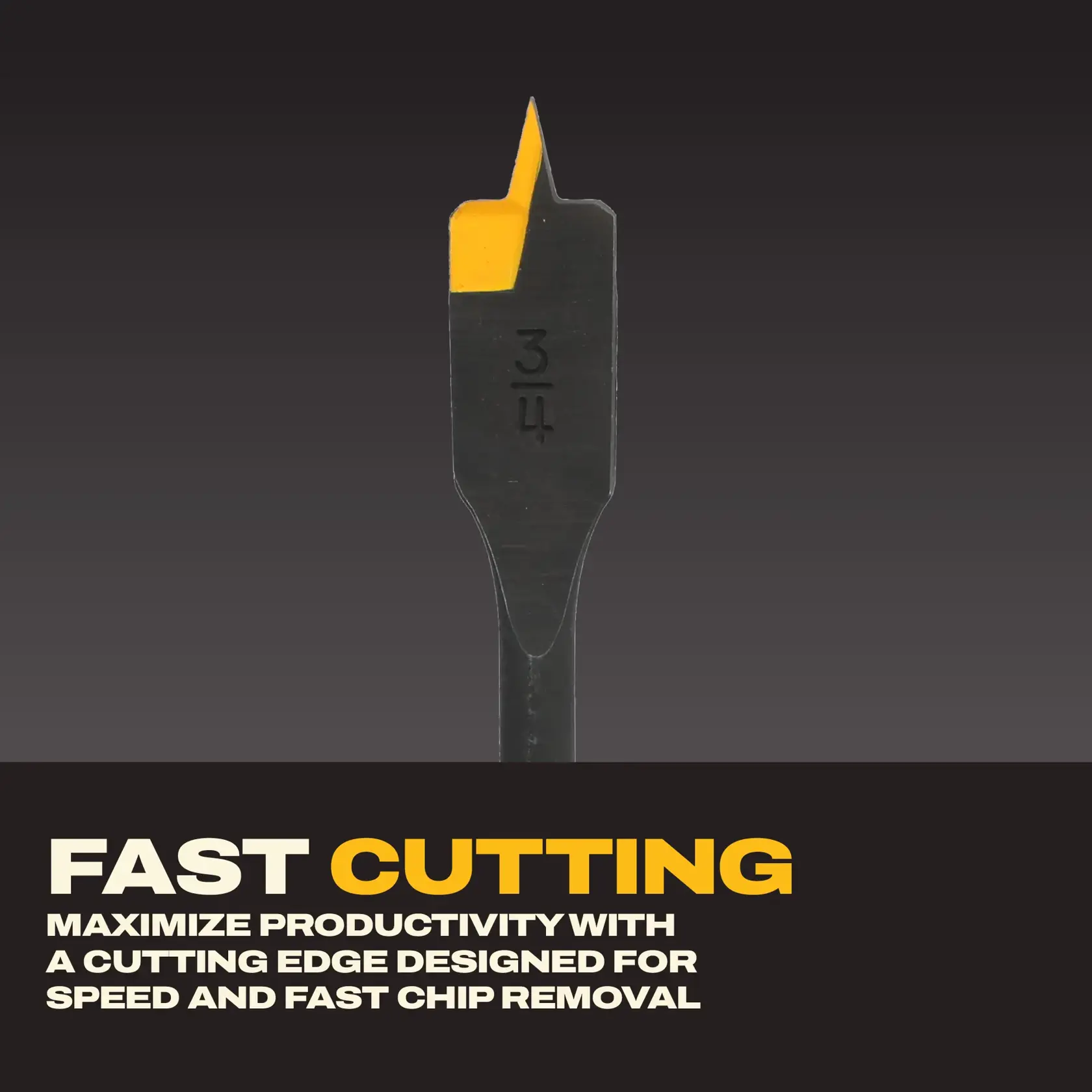 A DEWALT spade drill bit with a yellow cutting edge is shown against a dark background. Text below highlights the product's fast cutting capability, stating, 'FAST CUTTING: Maximize productivity with a cutting edge designed for speed and fast chip removal.'