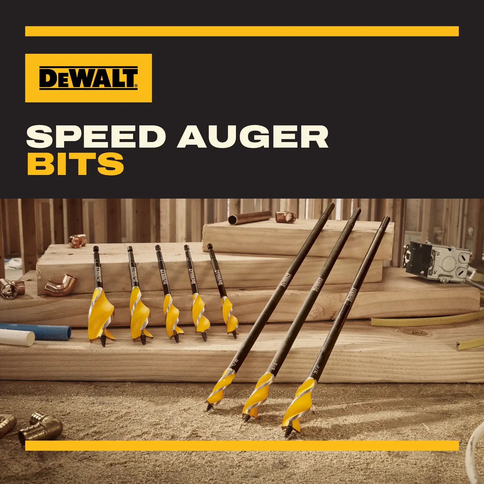 DEWALT Speed Auger Bits are displayed on wooden boards in a workshop setting, featuring several auger drill bits with yellow spirals and various copper and plumbing fittings nearby.