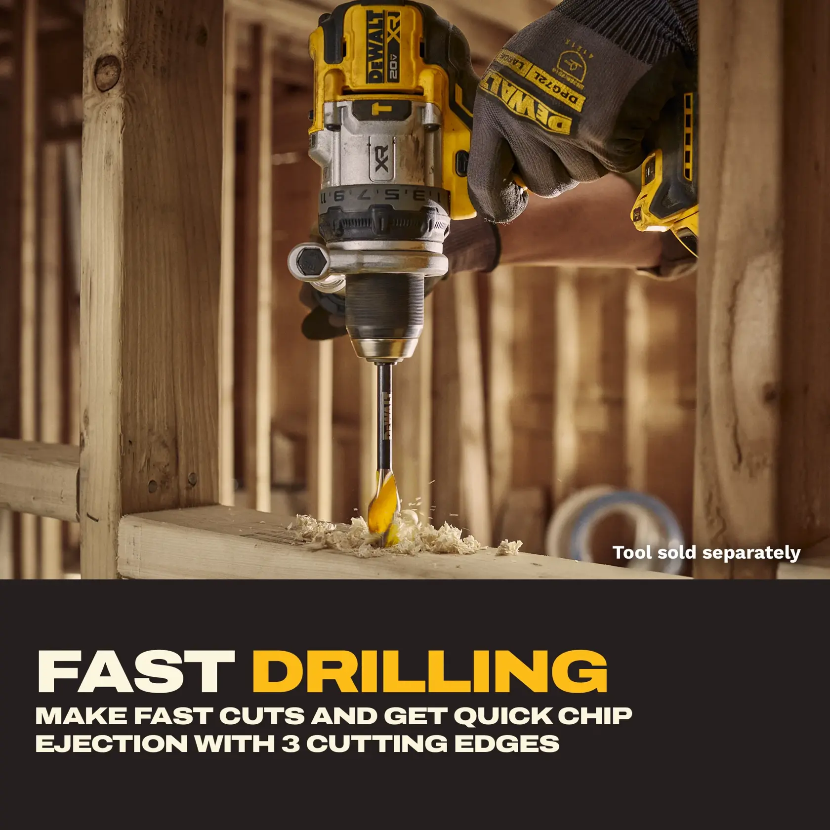 A DEWALT drill is being used to drill into a wooden beam, producing wood shavings. The text on the image highlights fast drilling, fast cuts, and quick chip ejection with three cutting edges. A gloved hand is holding the drill. The background shows wooden framing. A note states 'Tool sold separately.'