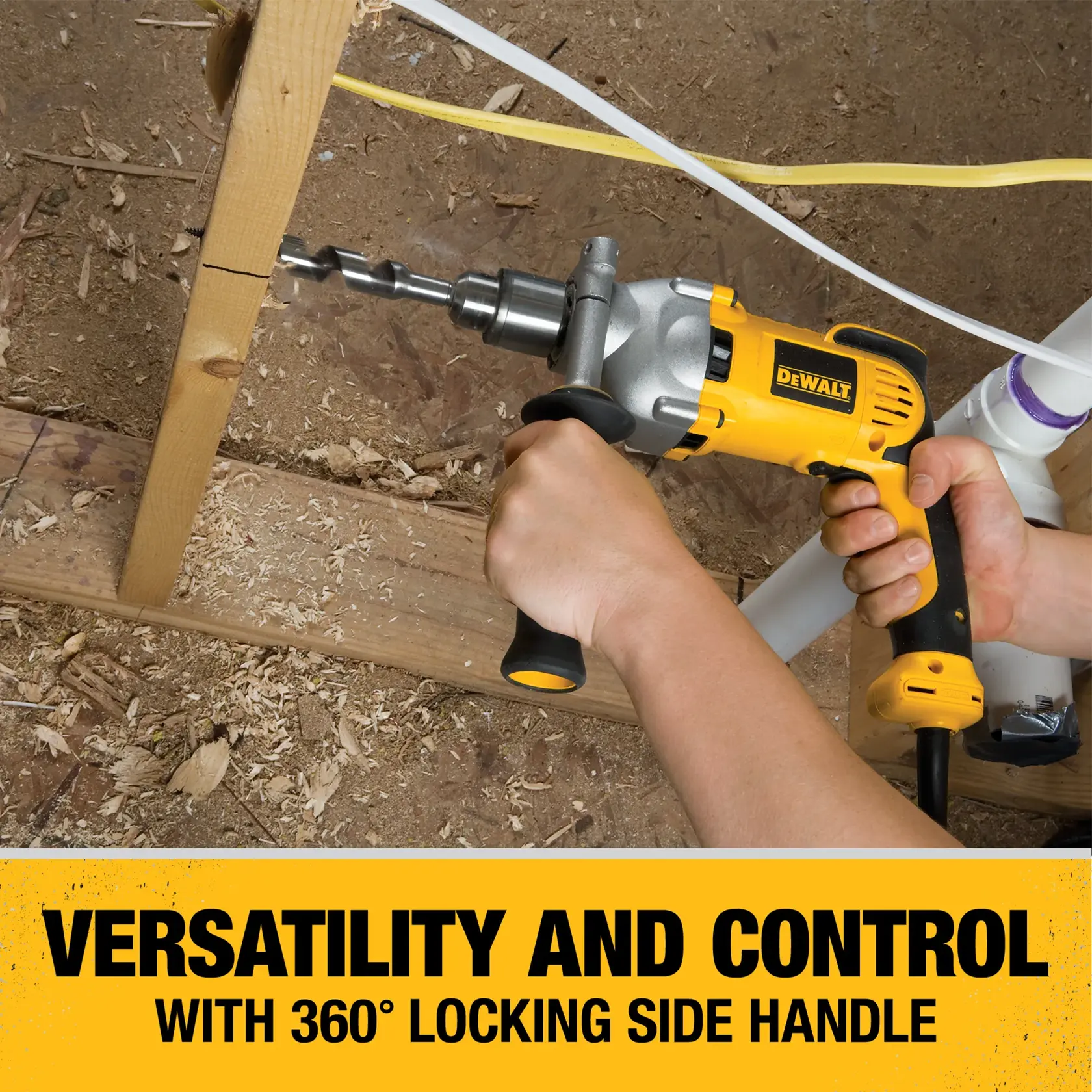 V S R pistol grip drill being used to drill into wood.