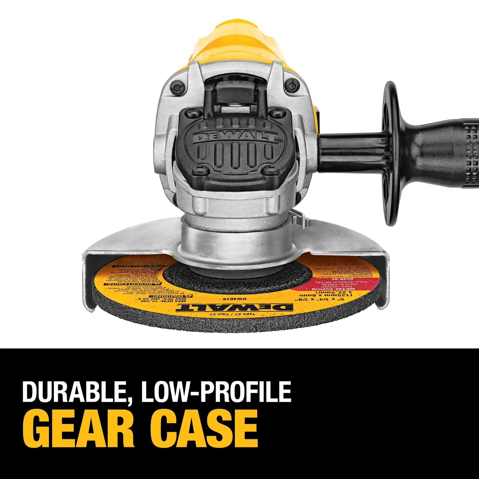 Front view of a DEWALT angle grinder, showing its durable, low-profile gear case. The grinder has a yellow and black design with a side handle and is positioned above a text that reads 'Durable, Low-Profile Gear Case.'
