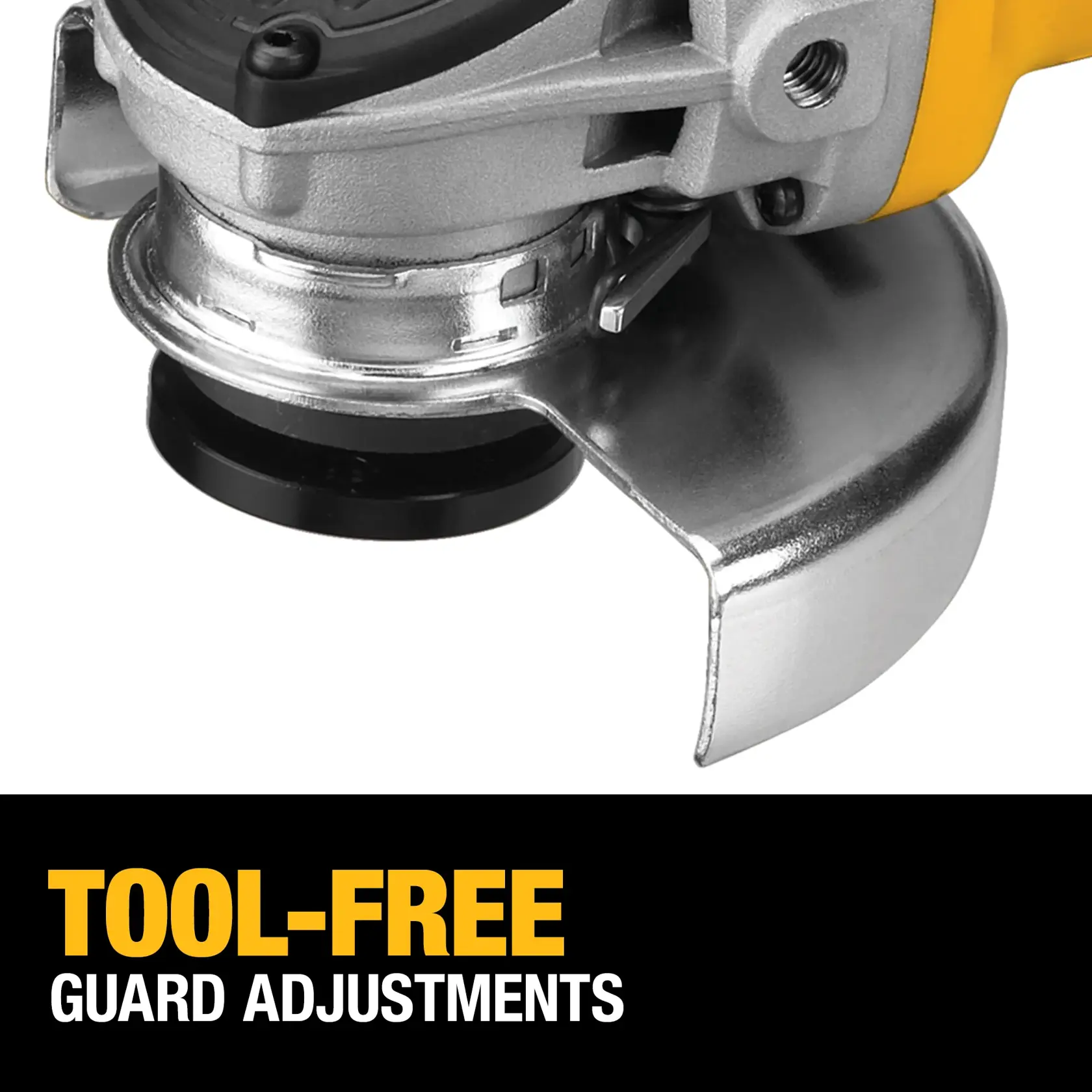 Close-up of a DEWALT angle grinder showing the metallic guard and adjustment lever, with text stating 'TOOL-FREE GUARD ADJUSTMENTS' at the bottom.