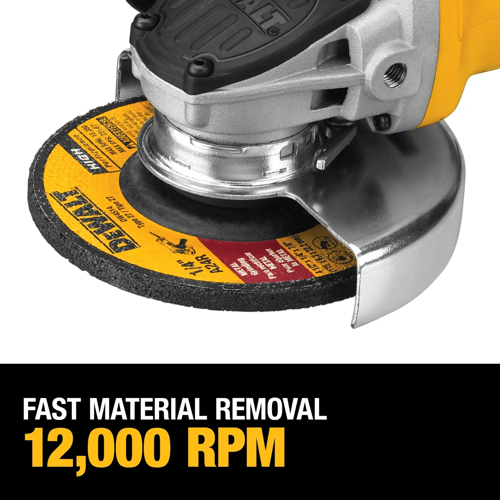 Close-up of a DEWALT angle grinder with a grinding disc, showing the brand logo and text highlighting 'Fast Material Removal 12,000 RPM.'
