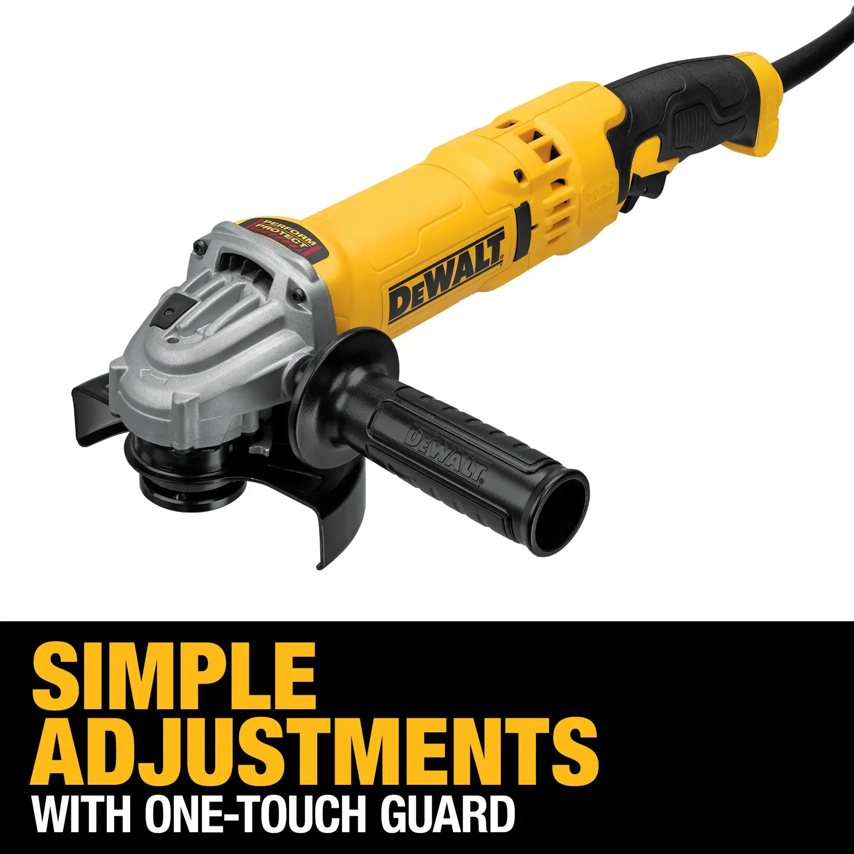 A DEWALT angle grinder with a yellow and black design, featuring a one-touch guard for simple adjustments. Text below reads: 'Simple adjustments with one-touch guard.'