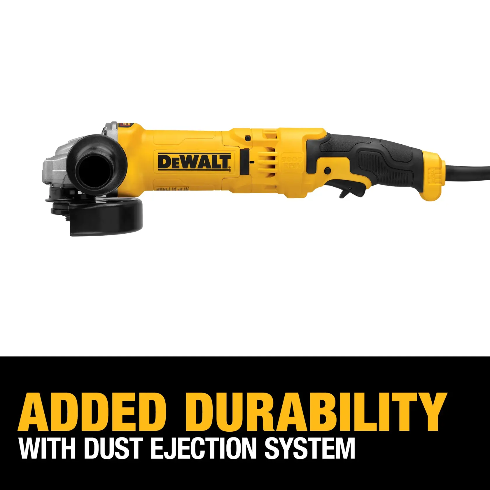 A yellow and black DEWALT angle grinder with a side handle, shown on a white background. Text below the tool reads: 'Added durability with dust ejection system.'