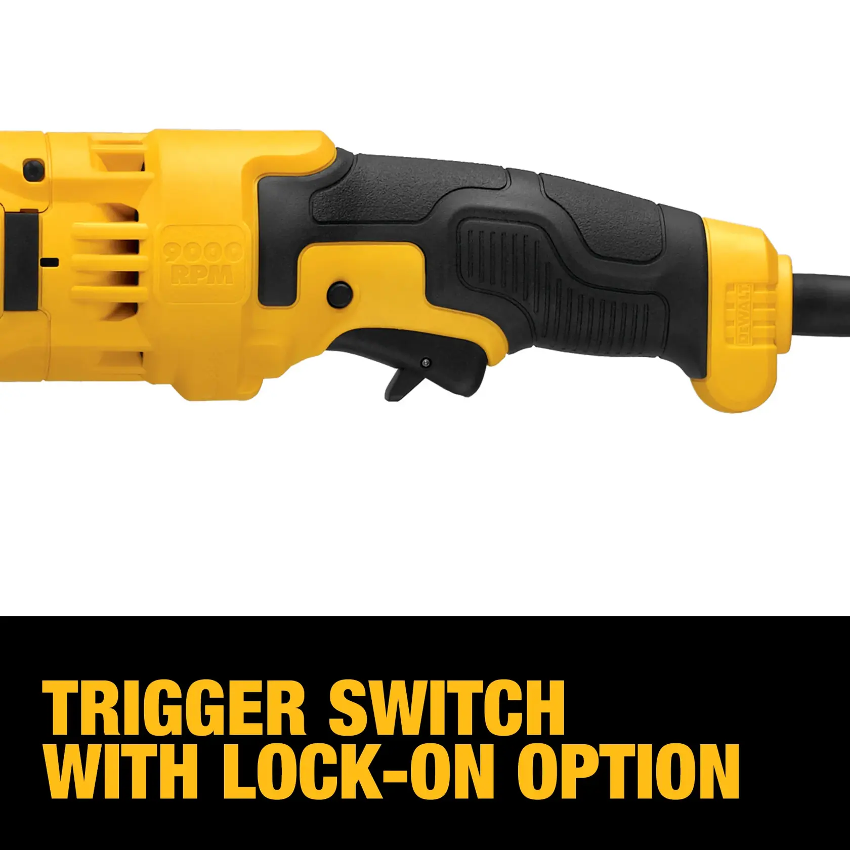 Close-up image of a DEWALT power tool handle showing the trigger switch with lock-on option, alongside text highlighting this feature.