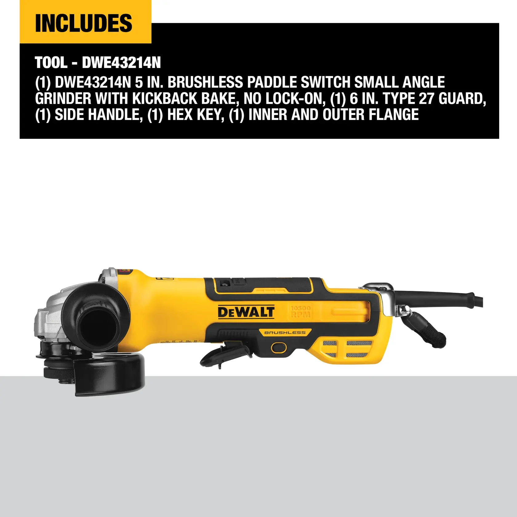 DEWALT® 5-in. (127mm) Brushless Paddle Switch Small Angle Grinder with Kickback Brake and No Lock-On