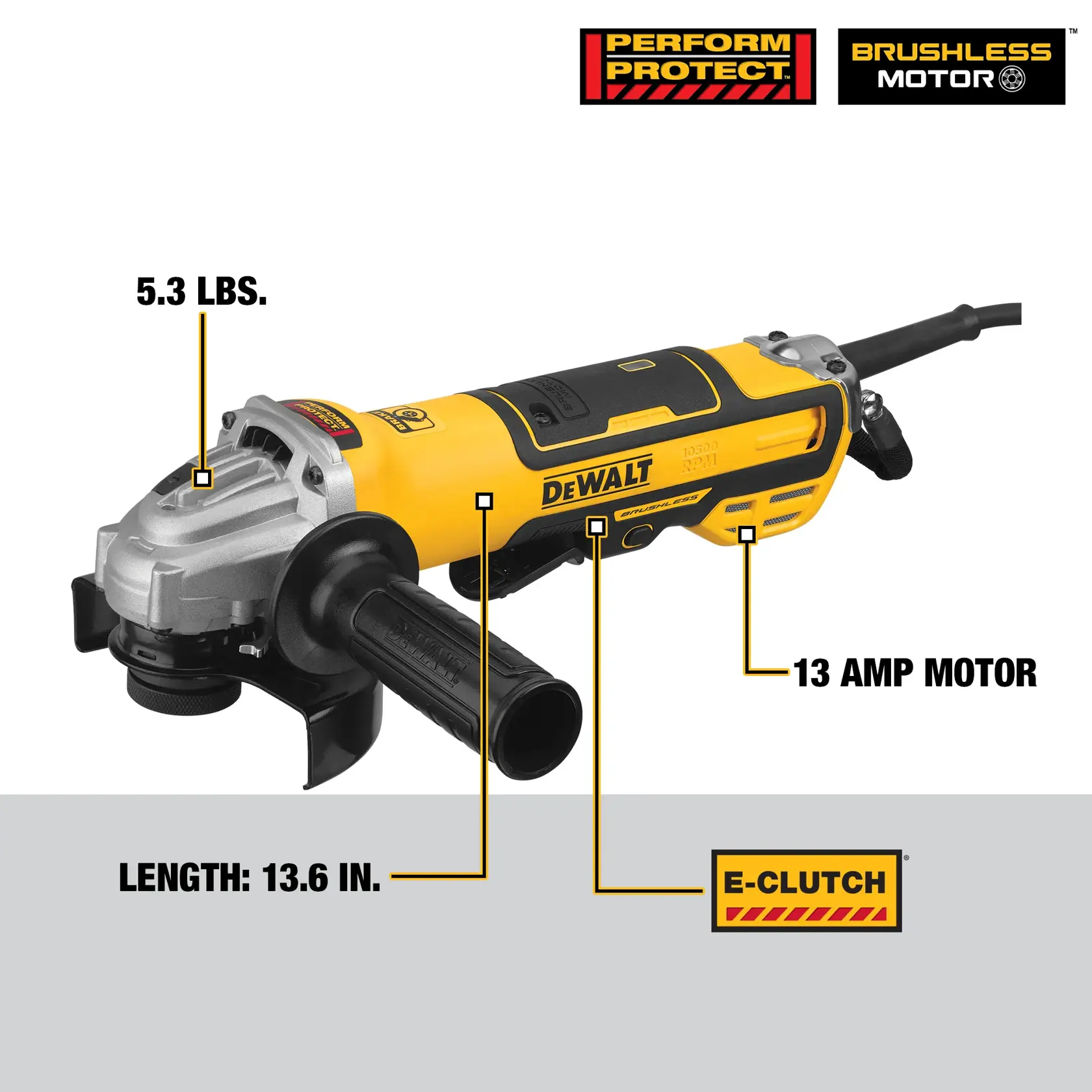 DEWALT® 5-in. (127mm) Brushless Paddle Switch Small Angle Grinder with Kickback Brake and No Lock-On