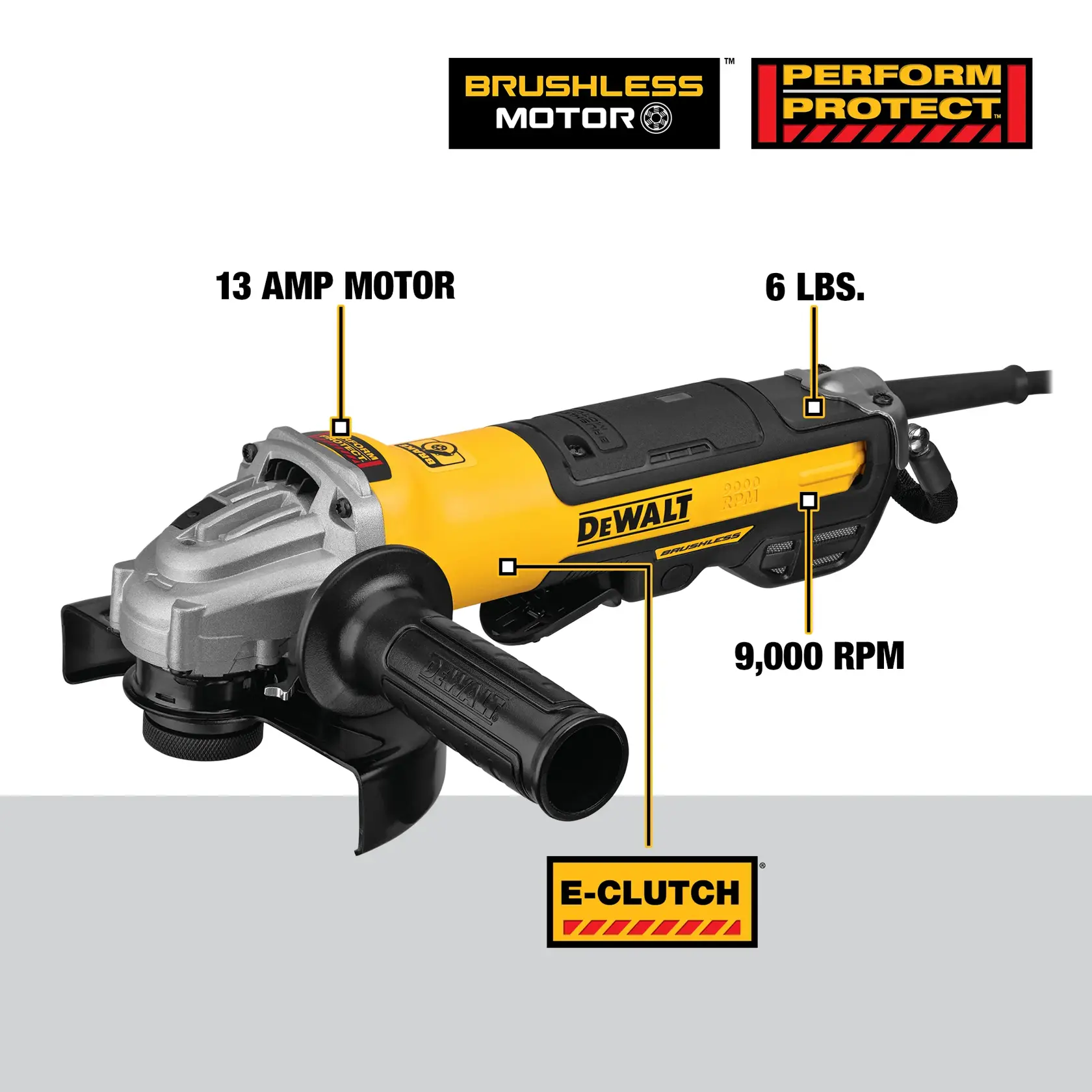 A person wearing gloves and a protective face shield is using a DEWALT angle grinder to cut through a metal pipe, causing sparks to fly in a workshop or industrial setting.