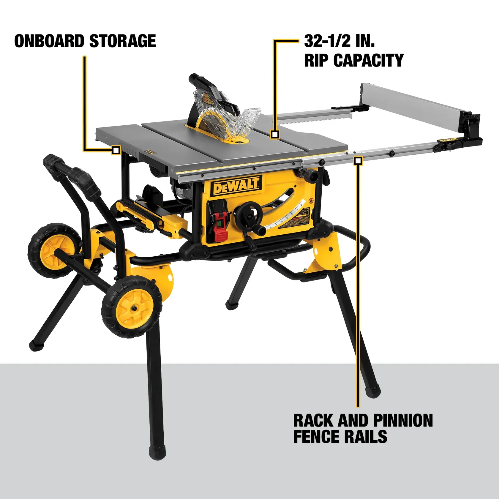 10 inch Jobsite table saw 32 and half inch rip capacity and a rolling stand cutting wooden sheet.