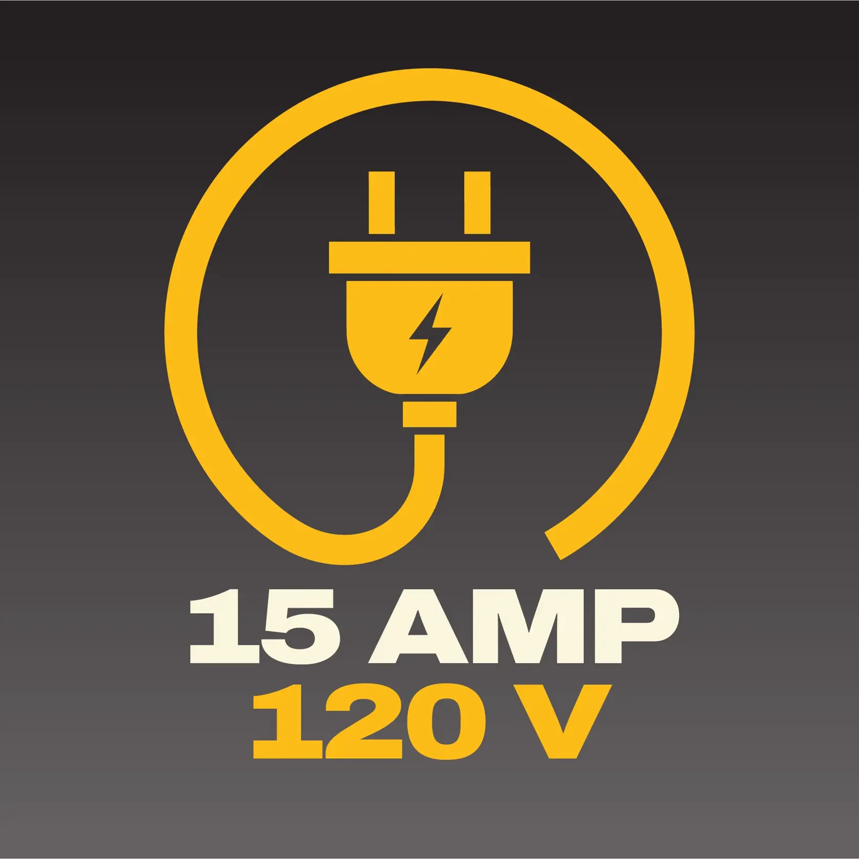 15 Amp 120V icon for DEWALT DCKTS681D1P1, DWE7491RS. Yellow plug graphic on dark background.