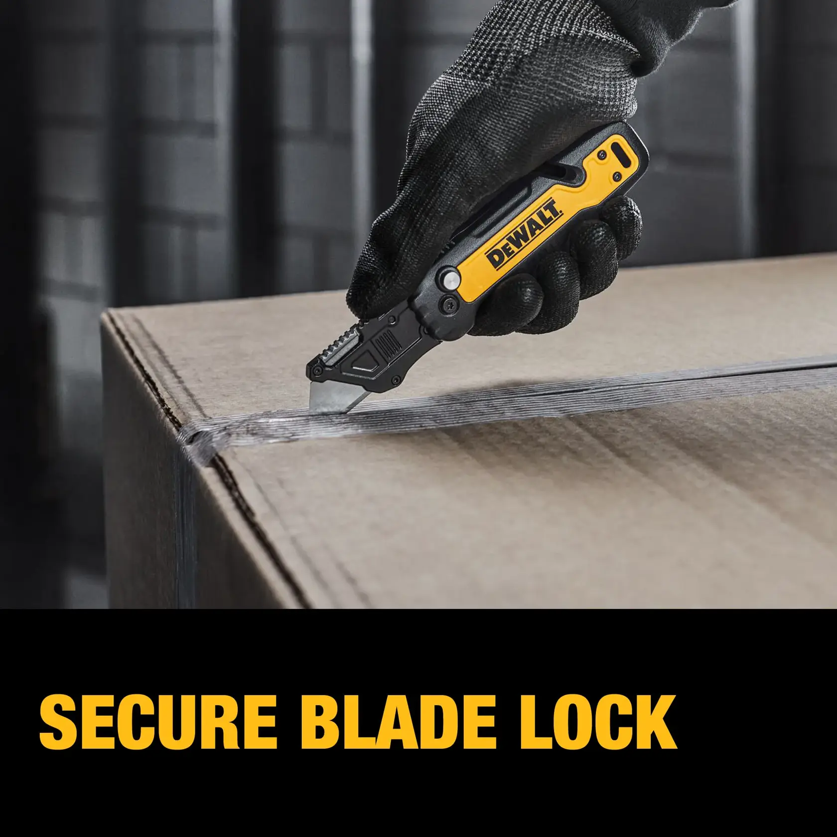 End user cutting sheet of drywall with DEWALT® DWHT10992 Utility Knife guided by a T-Square graphic