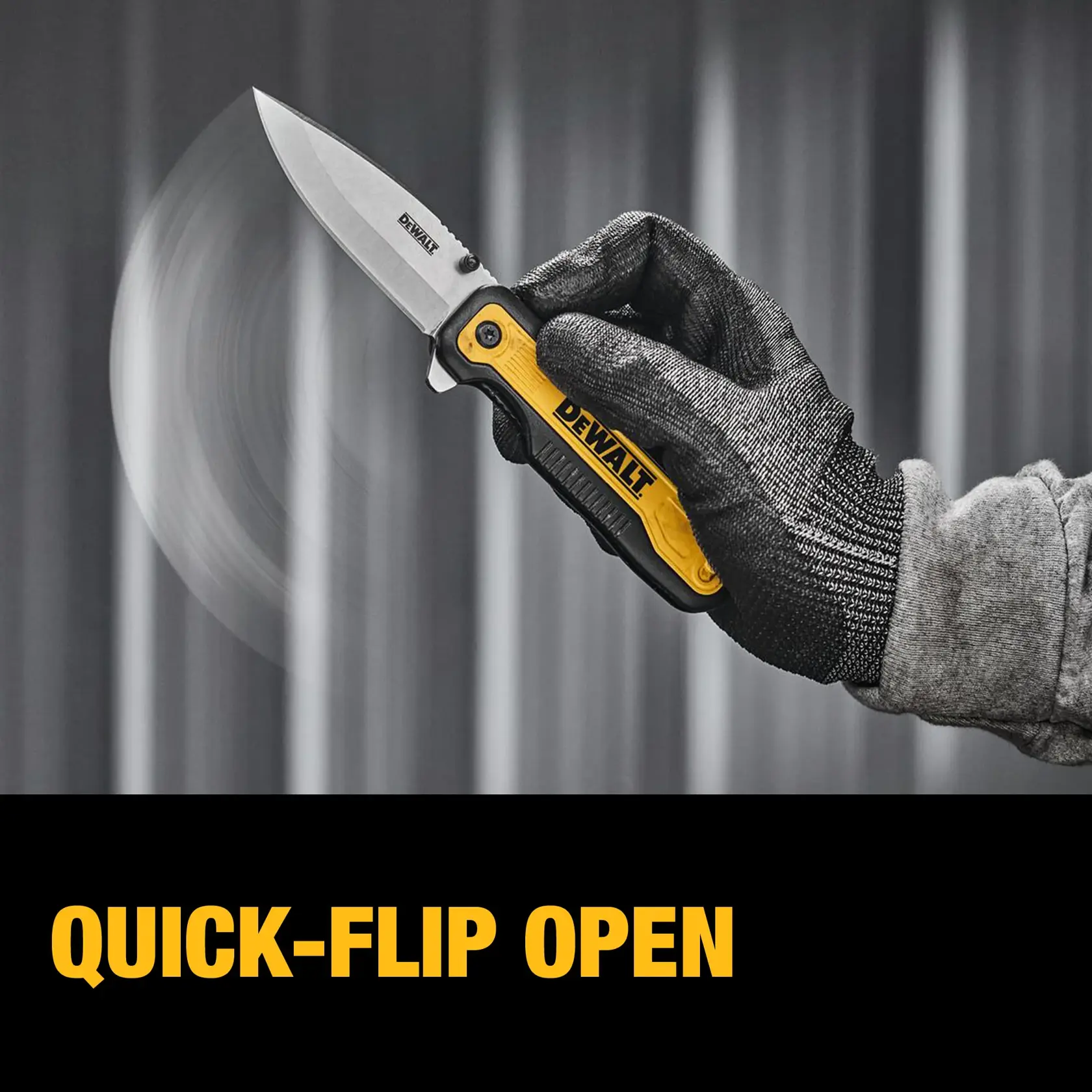End user flipping open DEWALT® DWHT10993 Drop Point Pocket Knife graphic