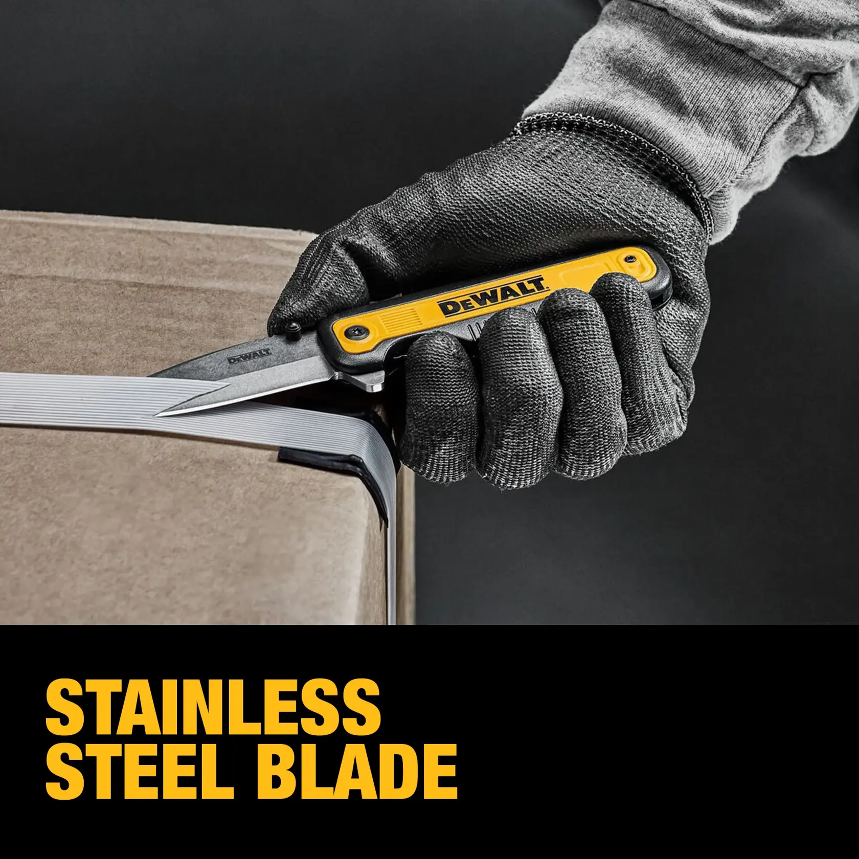 End user cutting straps on cardboard box with DEWALT® DWHT10993 Drop Point Pocket Knife graphic