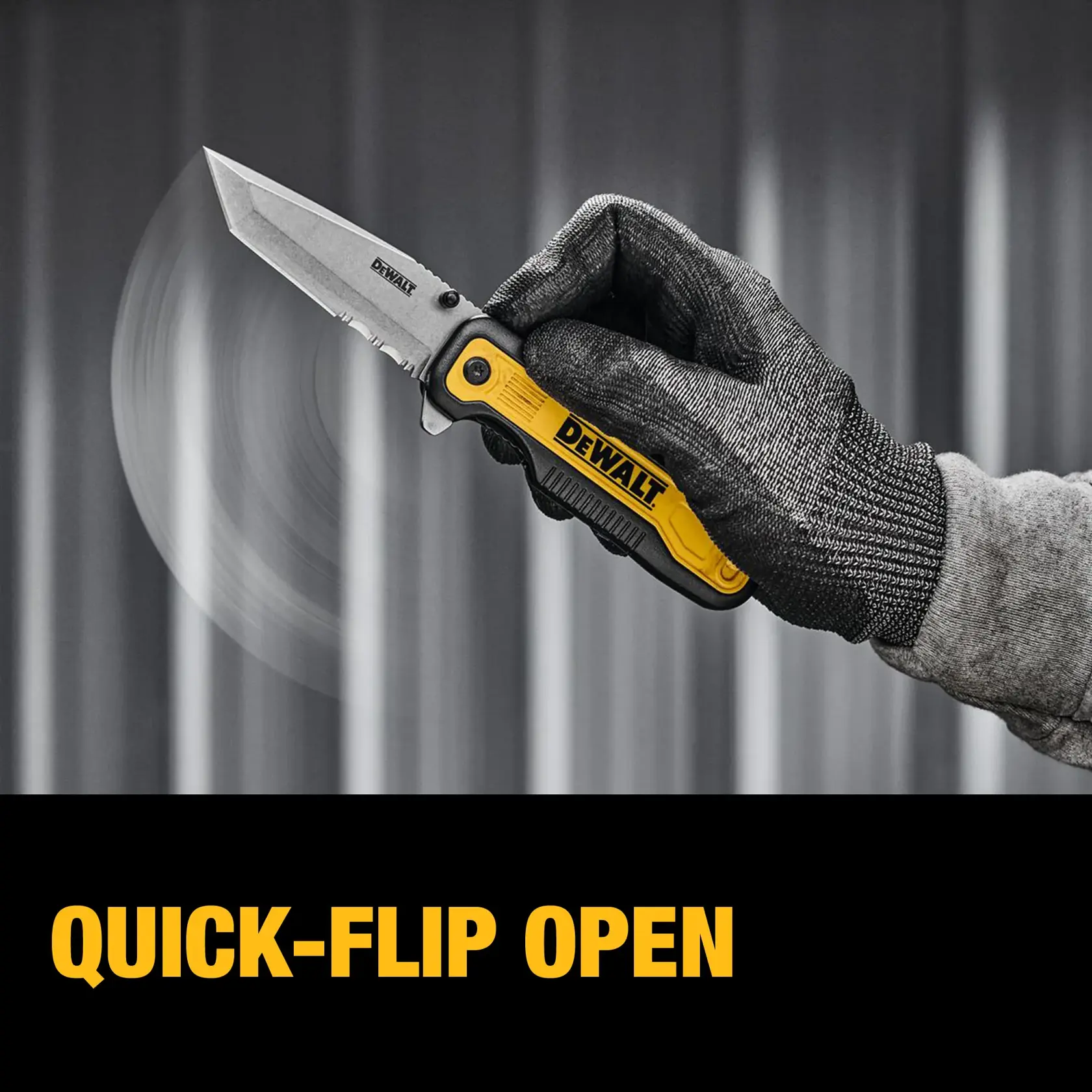 End user flipping open DEWALT® DWHT10994 Tanto Pocket Knife graphic