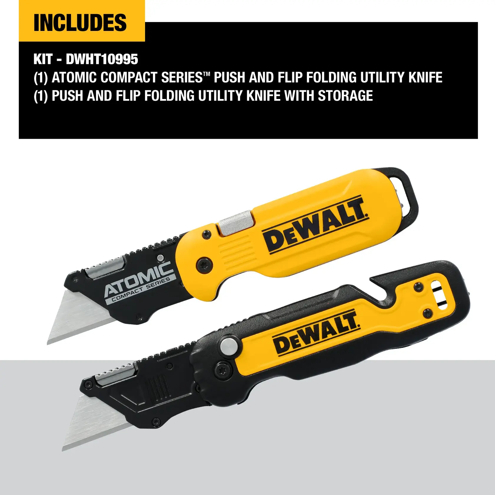 DEWALT® DWHT10995 Utility Knives kit includes graphic on white at a profile view