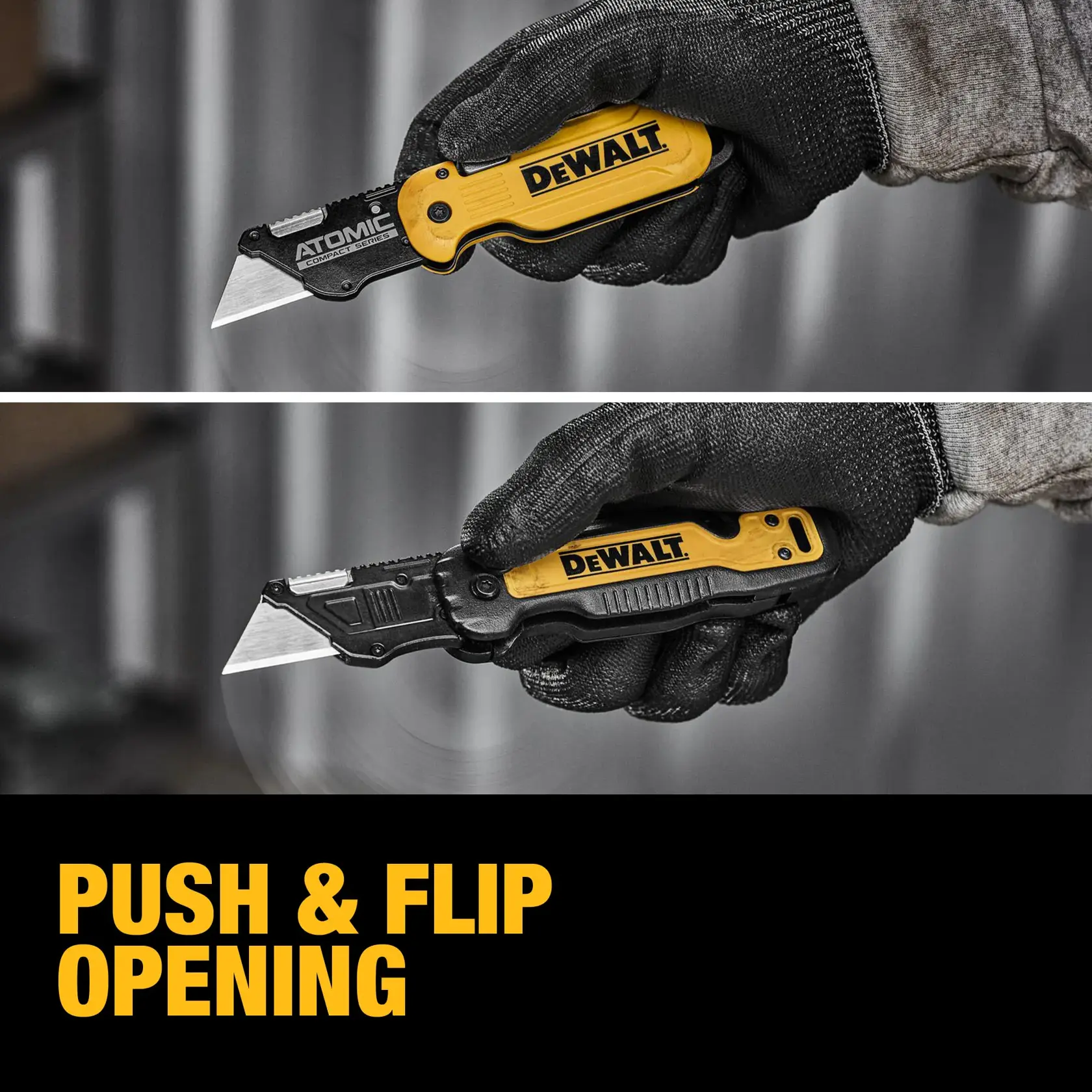 End user flipping open DEWALT® DWHT10990 and DWHT10992 Utility Knives graphic