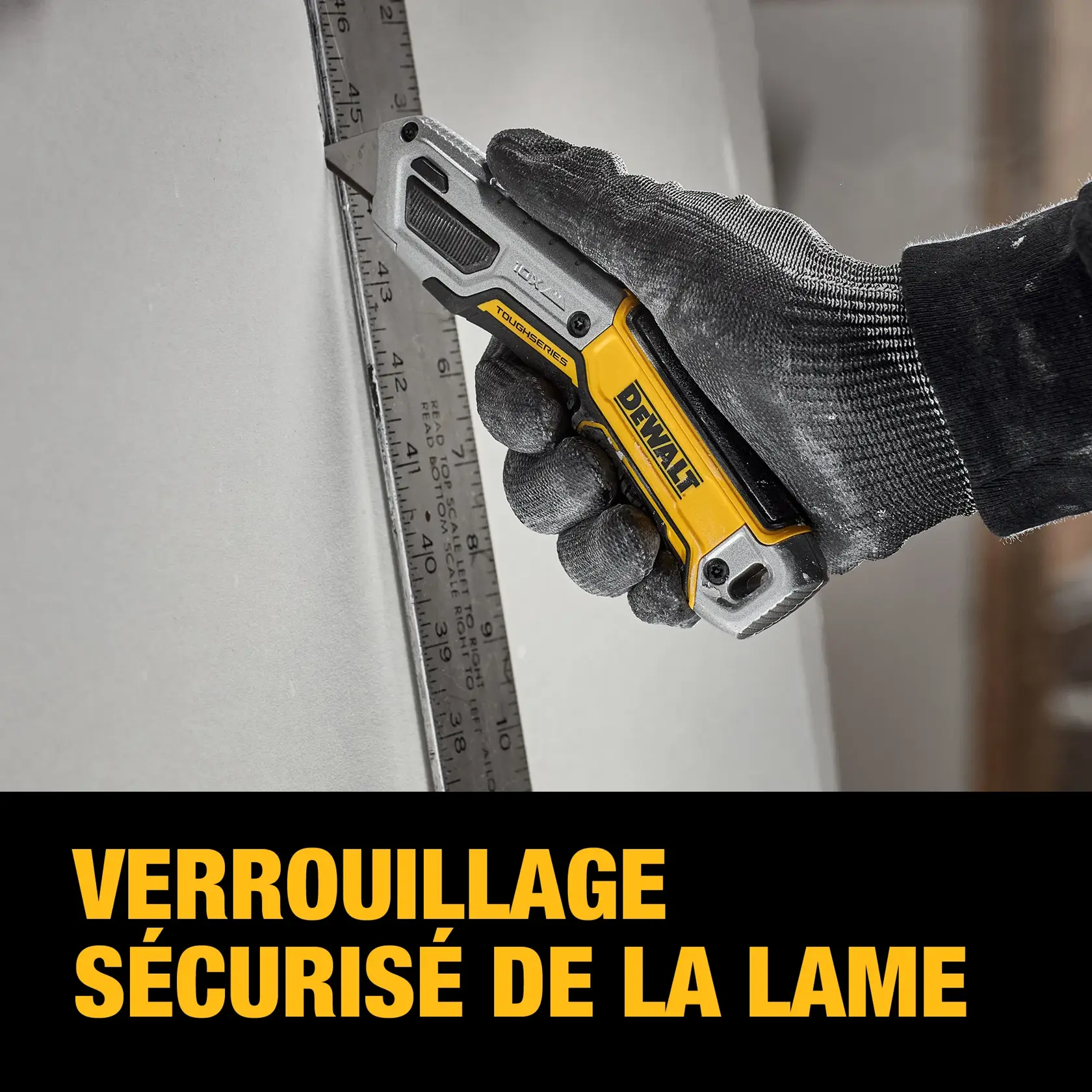 User cutting drywall sheet with DEWALT(R) TOUGHSERIES(TM) DWHT10999 retractable utility knife graphic