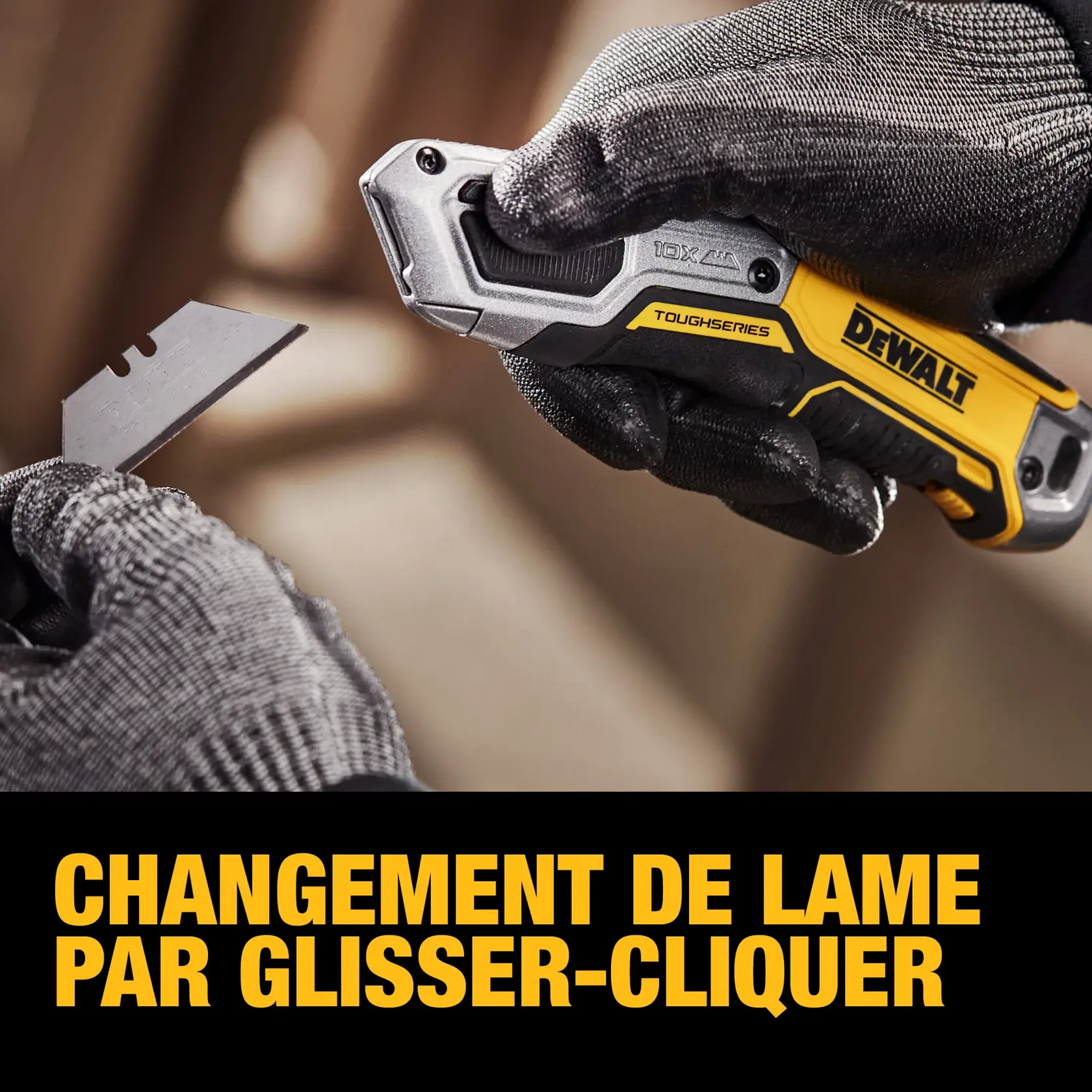 User changing blade of DEWALT® TOUGHSERIES™ DWHT10999 retractable utility knife graphic