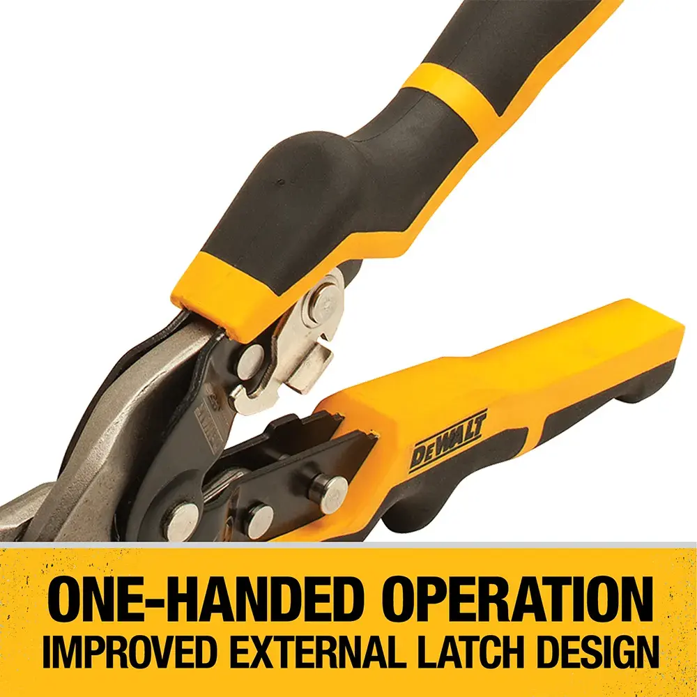 Close-up of a DEWALT hand tool with yellow and black handles, featuring a label that highlights one-handed operation and improved external latch design.