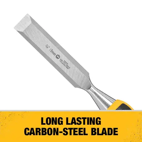 A DEWALT chisel with a long-lasting carbon-steel blade, shown above a yellow label with the text 'LONG LASTING CARBON-STEEL BLADE'.
