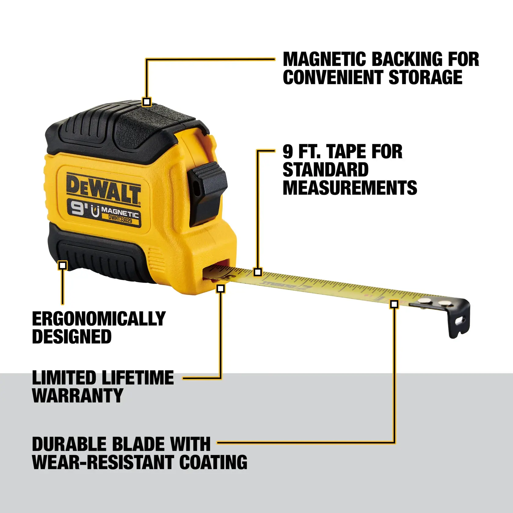 DEWALT® 9 ft. Pocket Tape Measure Walk Around Graphic