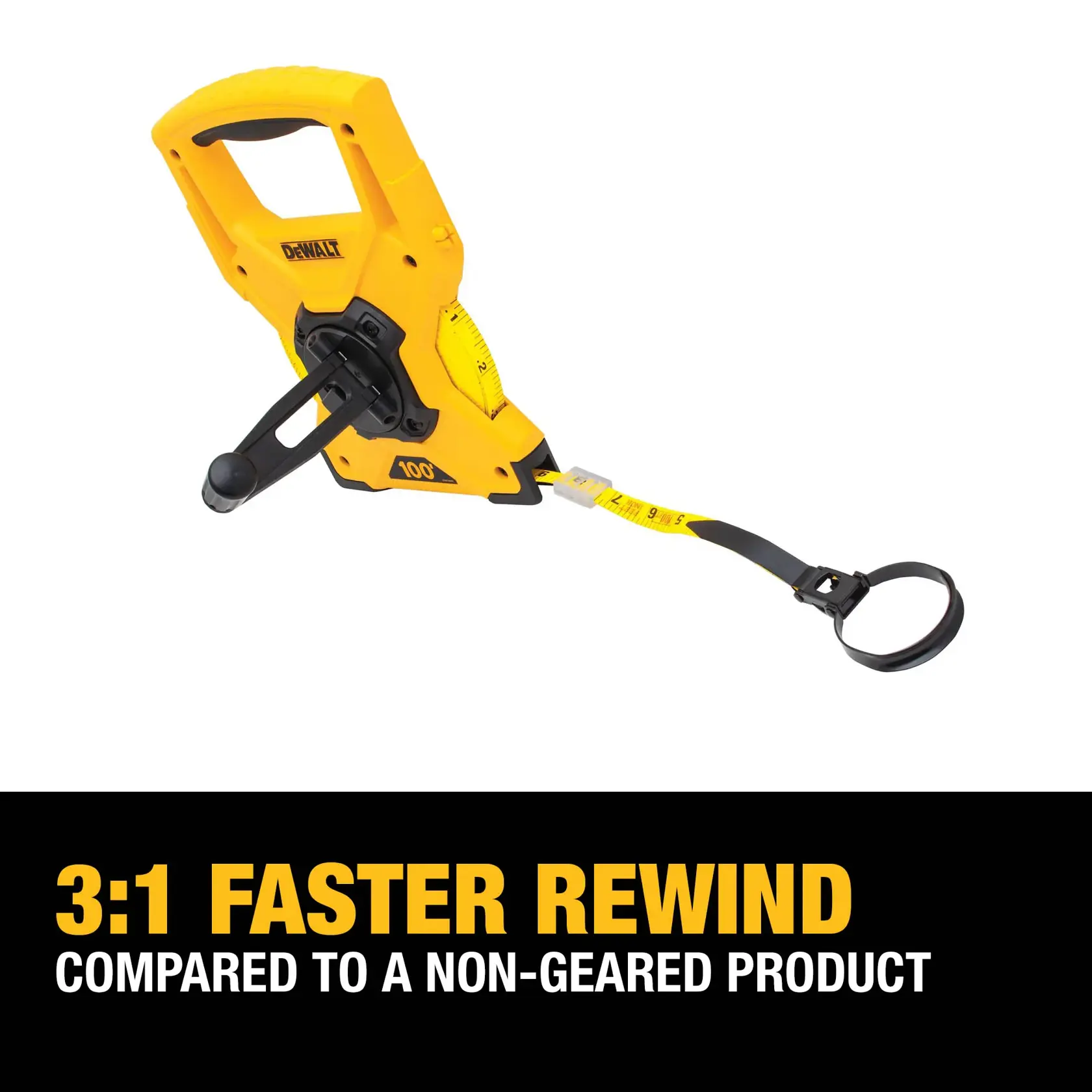 A yellow DEWALT 100-foot measuring tape with a gear crank handle and a black end ring. The image includes a caption that reads '3:1 Faster Rewind Compared to a Non-Geared Product.'