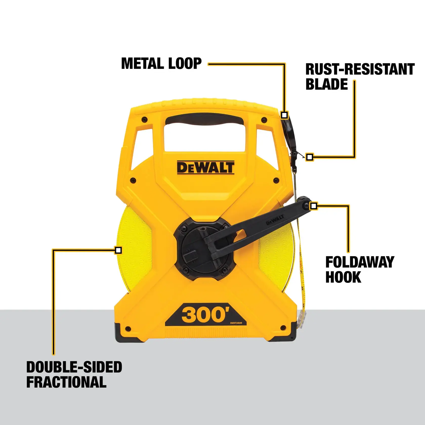 Image of a DEWALT 300-foot measuring tape with labeled features: metal loop, rust-resistant blade, foldaway hook, and double-sided fractional markings. The tape measure is yellow and black with a handle and crank.