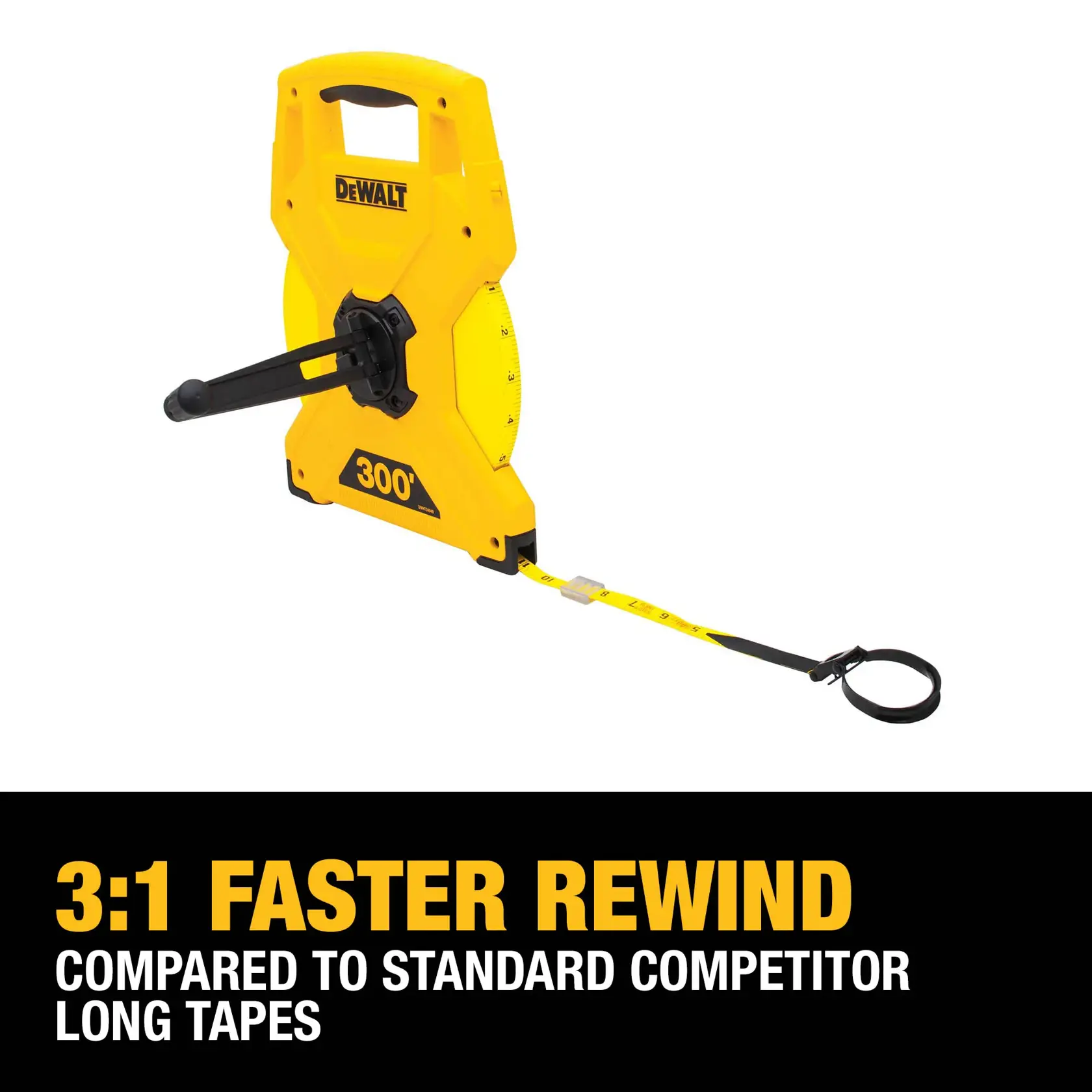A yellow DEWALT 300-foot measuring tape reel with a crank handle and strap attachment, promoted as having 3:1 faster rewind compared to standard competitor long tapes. Product is displayed on a white background with promotional text in black and yellow below.