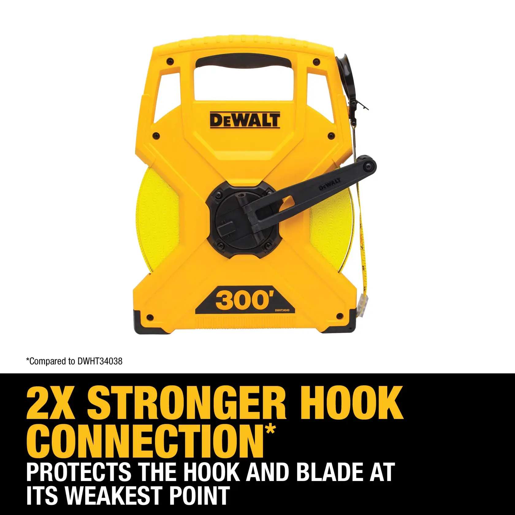 A DEWALT-branded 300-foot yellow measuring tape reel with black handle and crank, featured above bold text highlighting its '2X stronger hook connection' and protection at its weakest point.