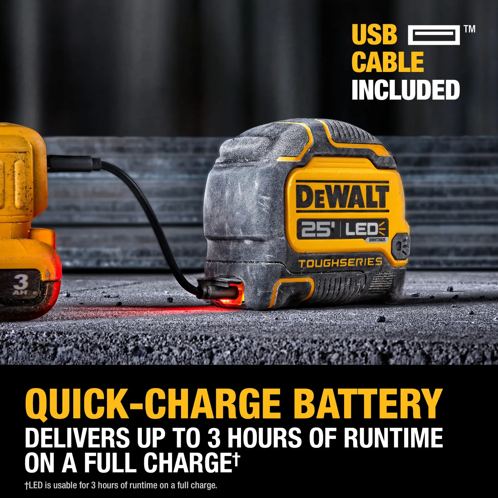 Quick-charge battery delivers up to 3 hours of runtime on a full chargernLED is usable for 3 hours of runtime on a full charge