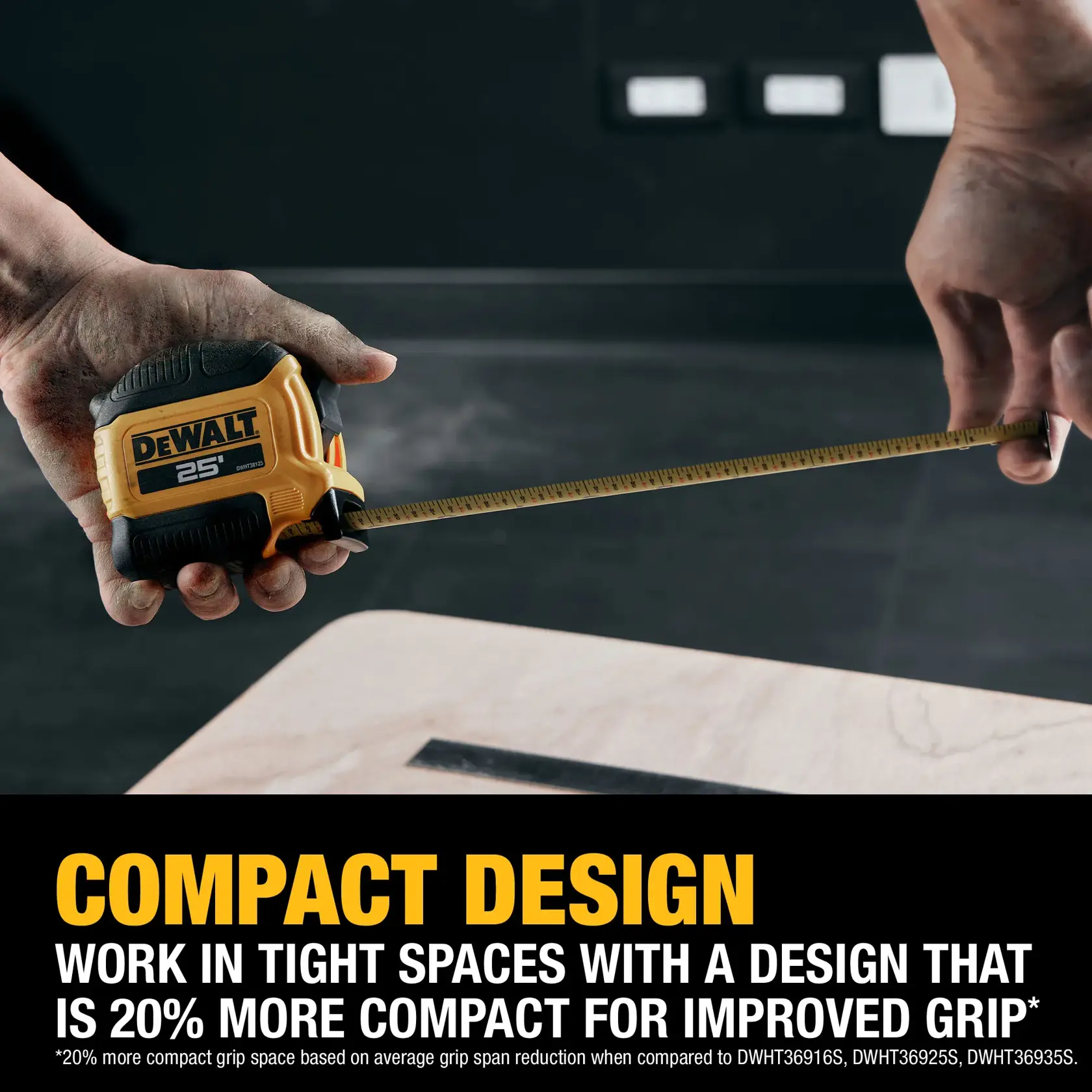 User measuring top of cabinet with fractional markings showing of the DEWALT ATOMIC COMPACT SERIES Tape Measure. rn