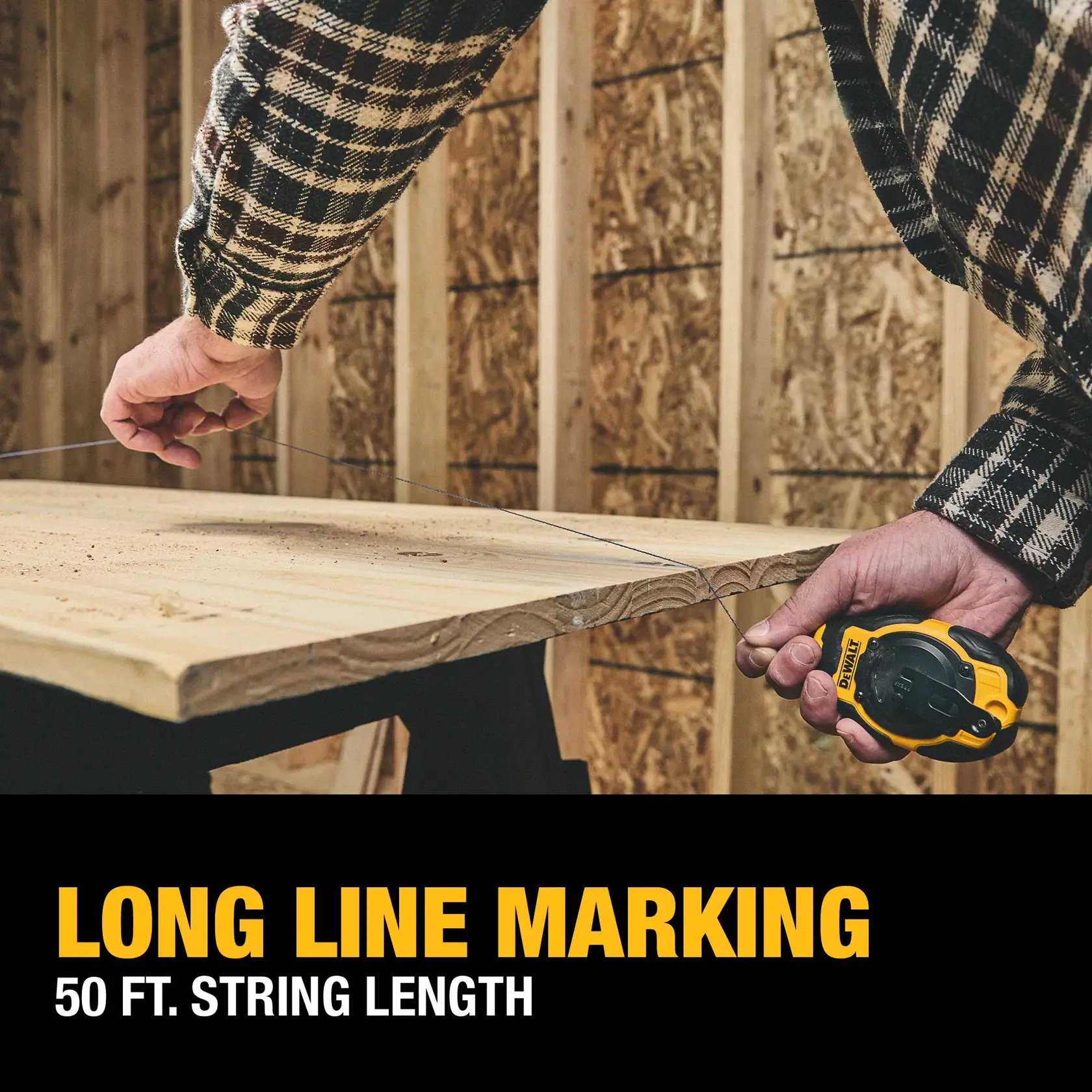 Carousel graphic of long line marking on the DEWALT® Compact Chalk Reel Kit (Blue)