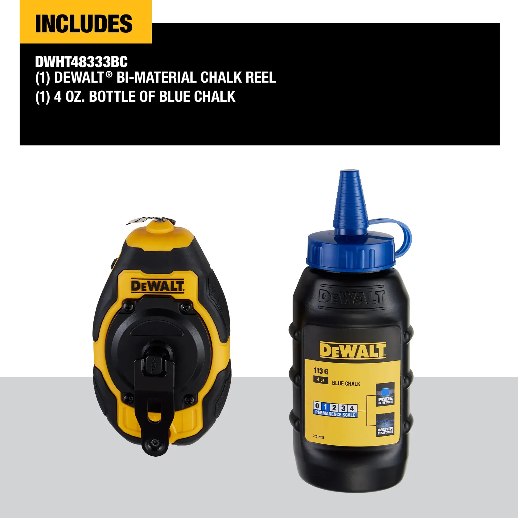 Carousel graphic of what is included in the DEWALT® Bi-Material Chalk Reel Kit (Blue)