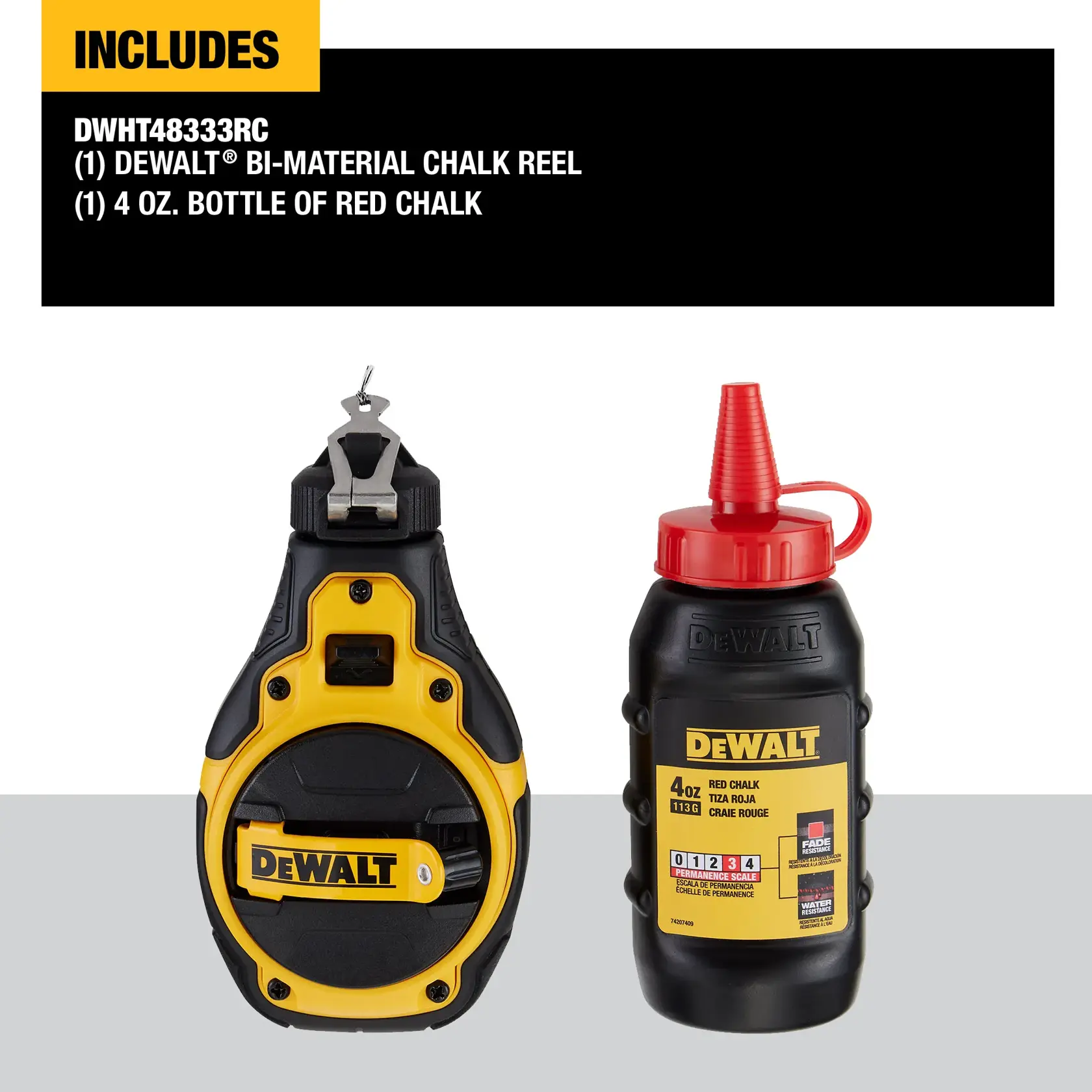 Carousel graphic of what is included in the DEWALT® Bi-Material Chalk Reel Kit (Red)