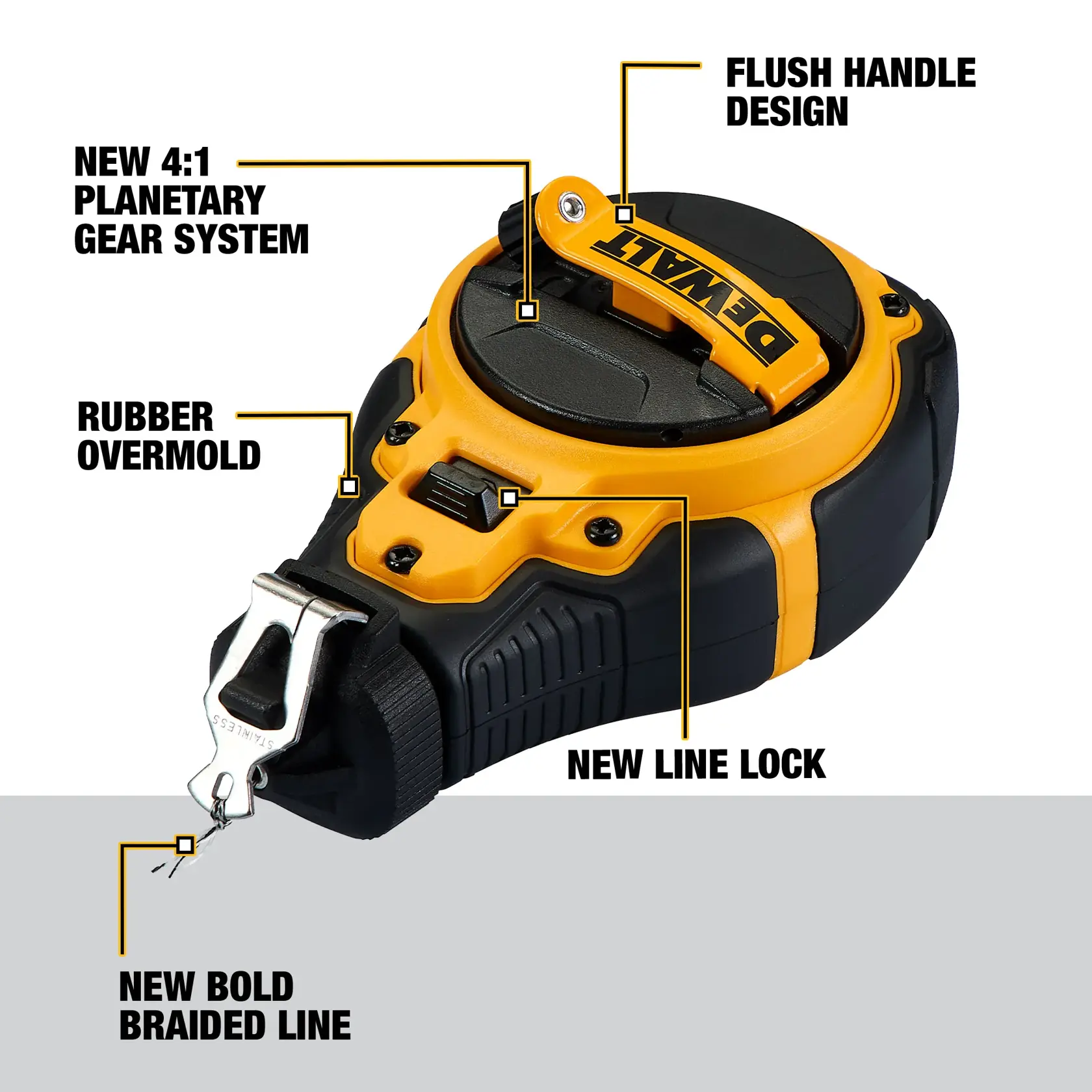 Carousel graphic of the walkaround of the DEWALT® Bi-Material Chalk Reel Kit (Red)