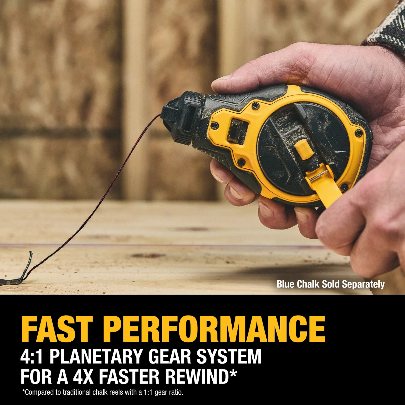 Carousel graphic of the fast performance on the DEWALT® Bi-Material Chalk Reel Kit (Red)