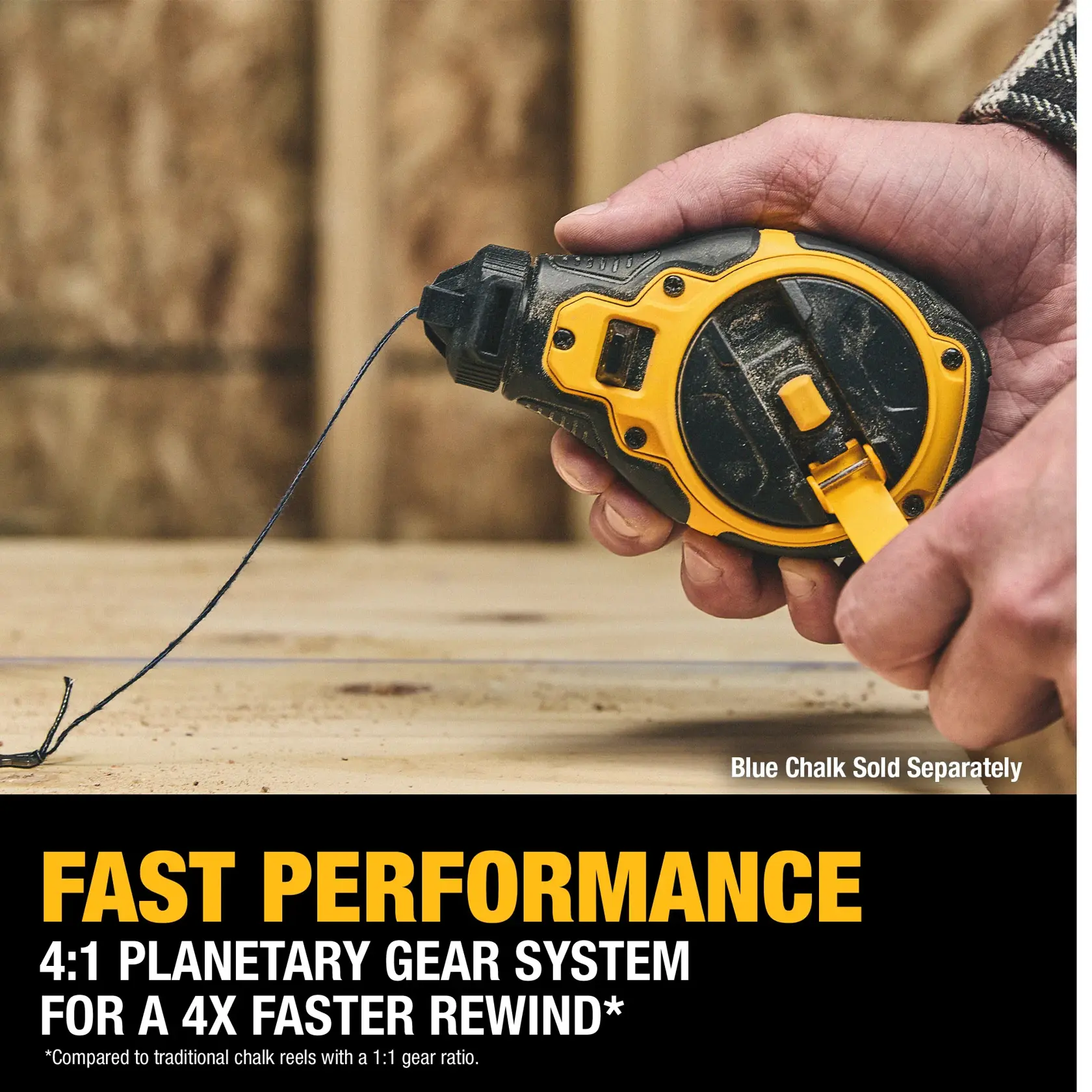 Carousel graphic of the fast performance on the DEWALT® Bi-Material Chalk Reel
