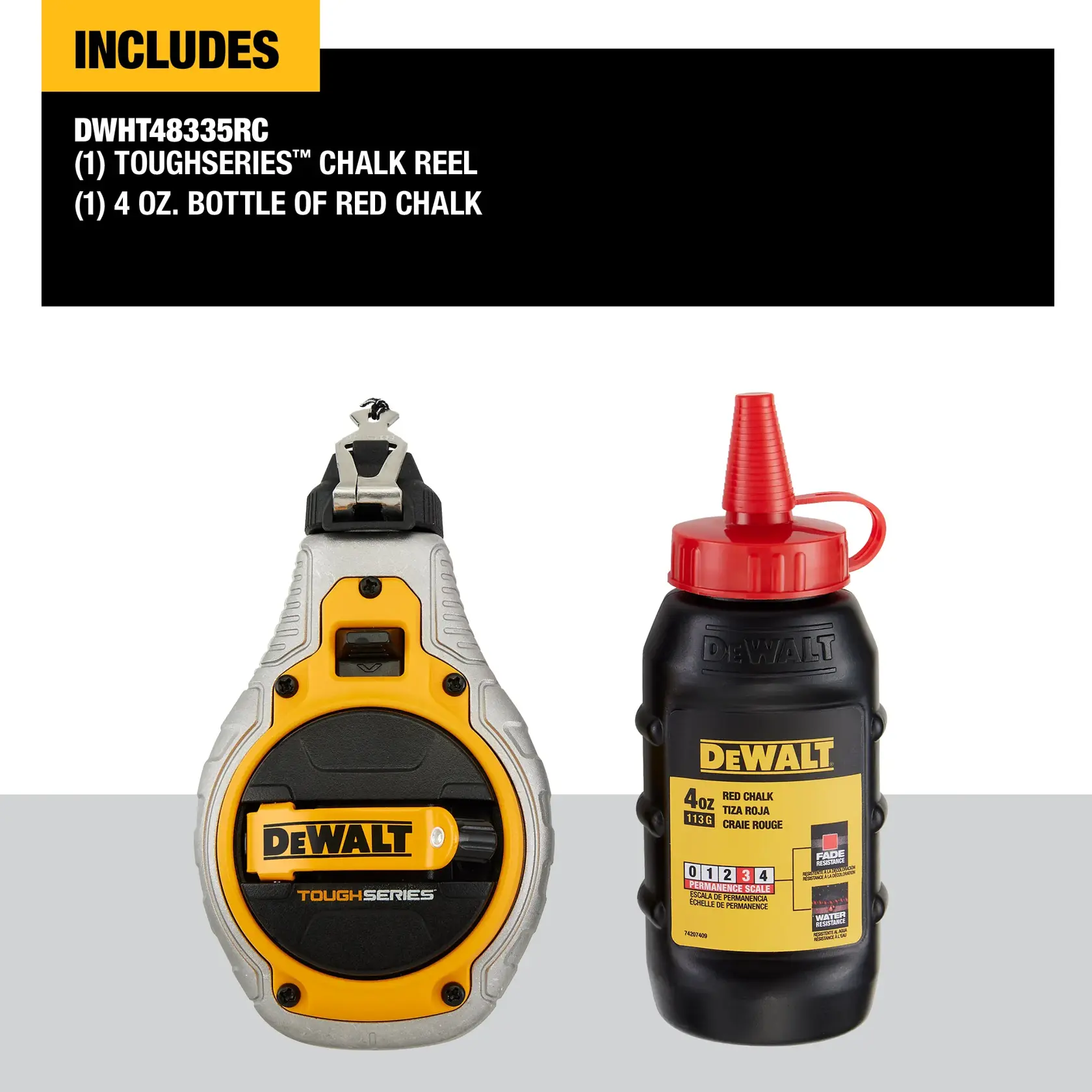 Carousel graphic of what is included in the DEWALT TOUGHSERIES™ Chalk Reel Kit (Red)