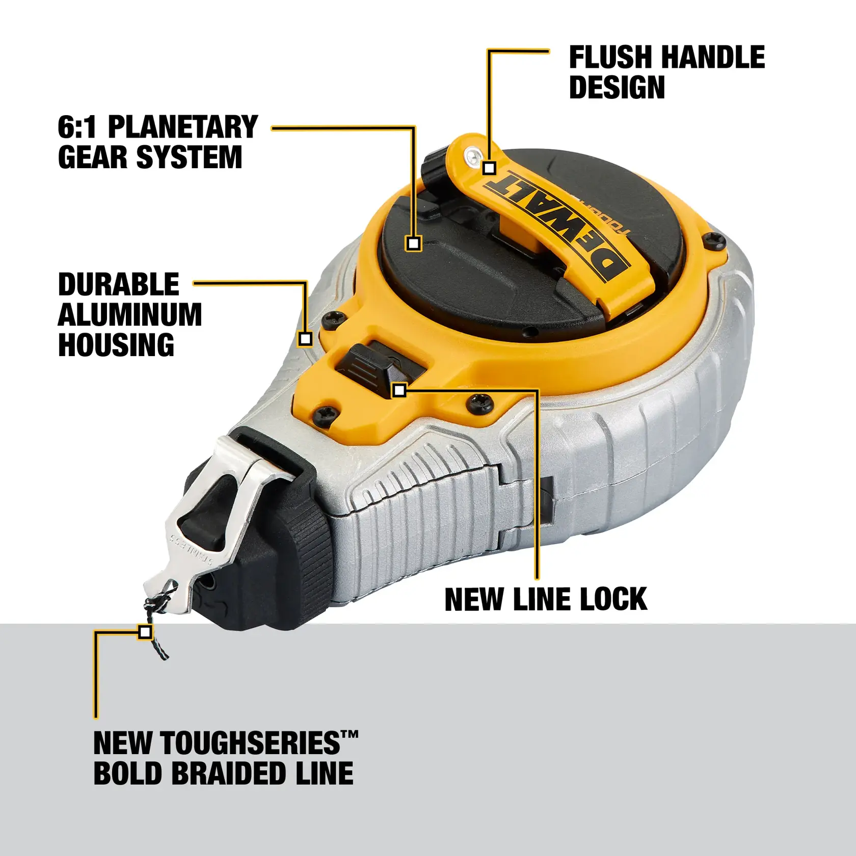 Carousel graphic of the walkaround of the DEWALT TOUGHSERIES™ Chalk Reel