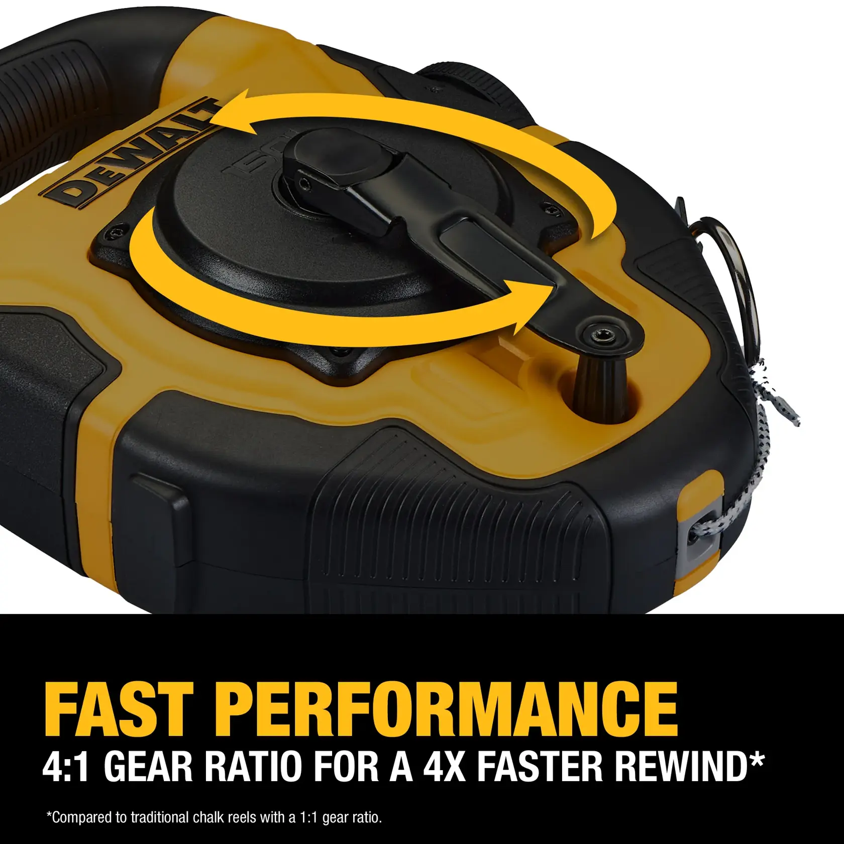 Carousel graphic of the fast performance on the DEWALT® Large Capacity Chalk Reel