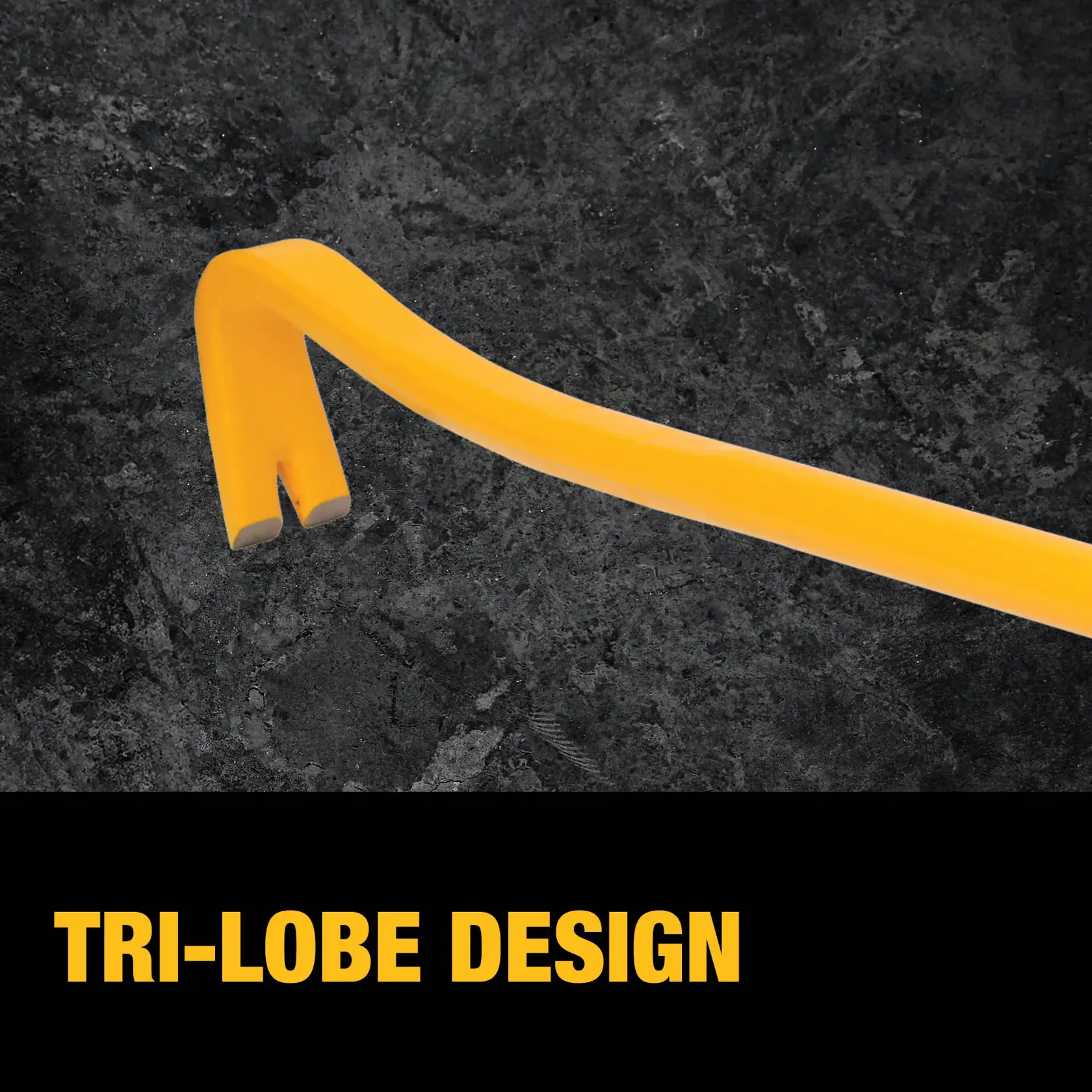 A close-up image of a yellow pry bar tool with a tri-lobe design tip, shown against a dark textured background. The text 'TRI-LOBE DESIGN' is displayed at the bottom.