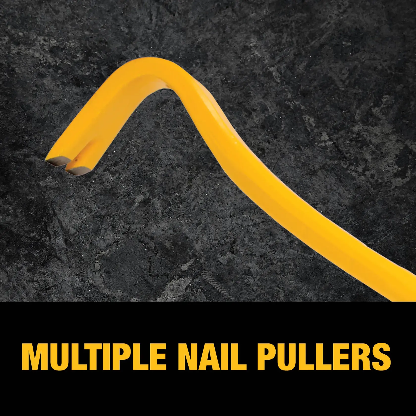 Close-up image of a yellow nail puller tool with a dual prong end, set against a dark textured background. The text 'MULTIPLE NAIL PULLERS' is prominently displayed at the bottom.