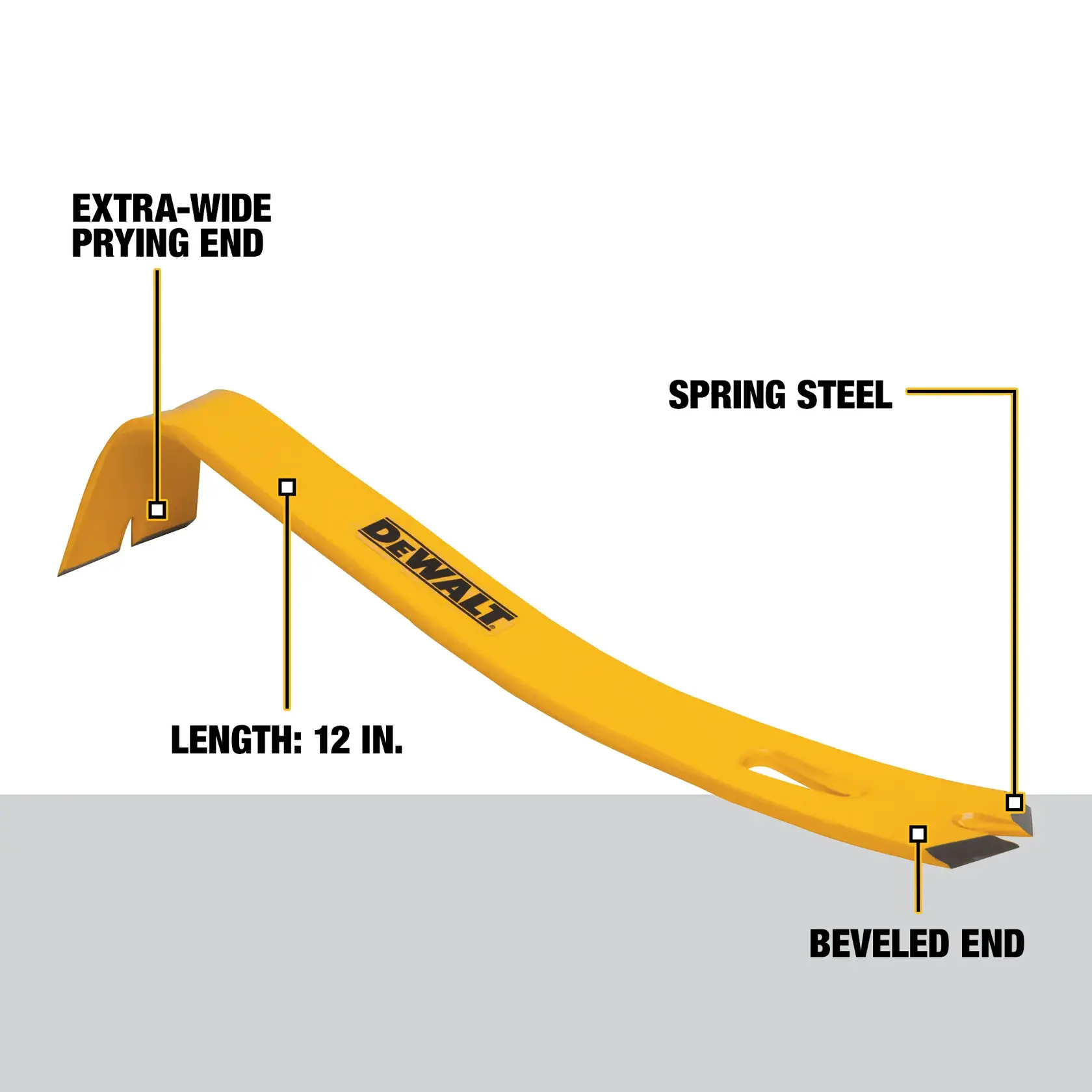 DEWALT 12-inch yellow pry bar tool made of spring steel, featuring a beveled end and an extra-wide prying end. The product is shown with labeled features and DEWALT branding.